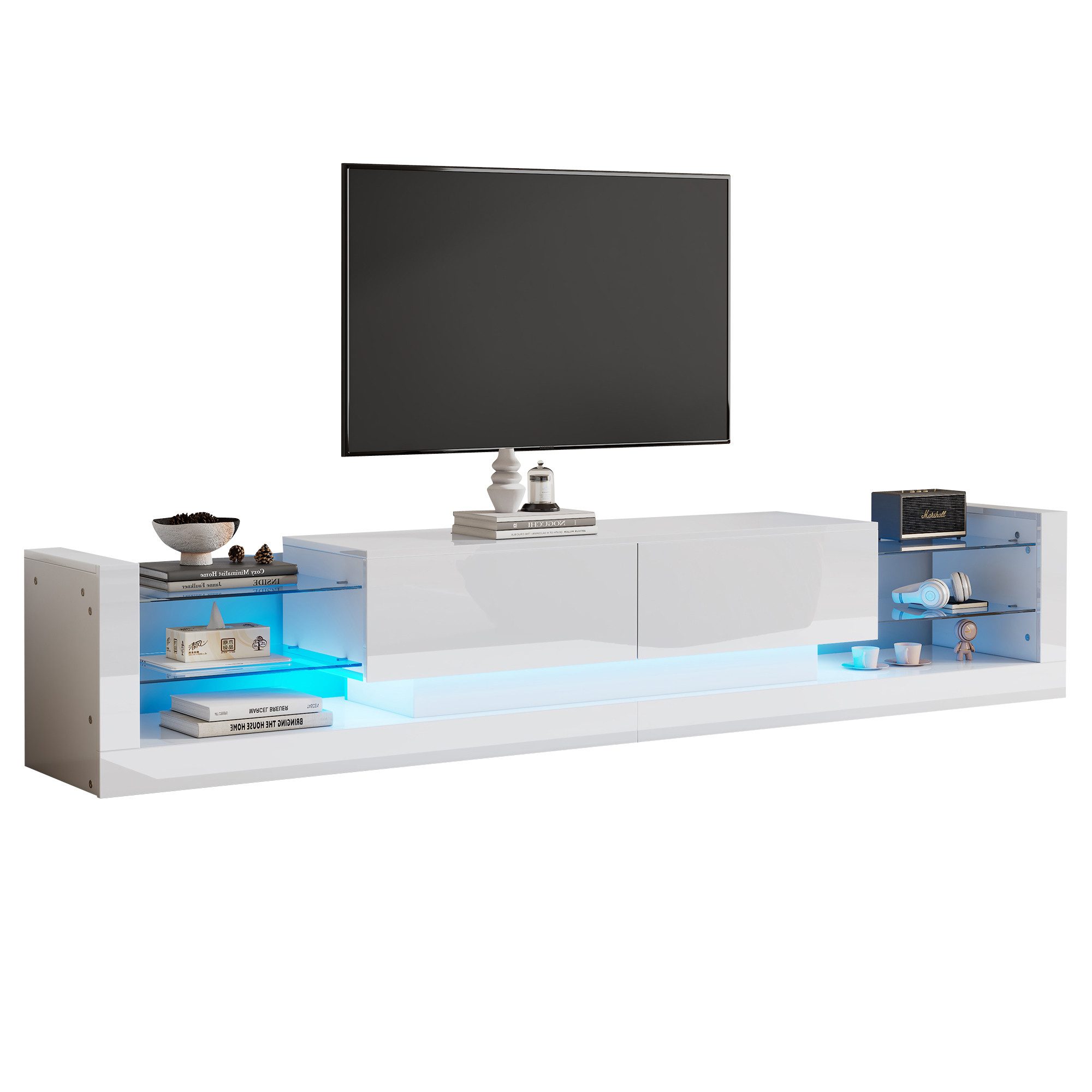 HAUSS SPOLE Lowboard Hochglanz mit LED-Beleuchtung, Für Fernseher bis 80 Zoll, 2 Schubladen (TV-Board, Fernsehtisch, TV-Ständer, 1 St., zwei klapptür), für Fernseher bis 80 Zoll