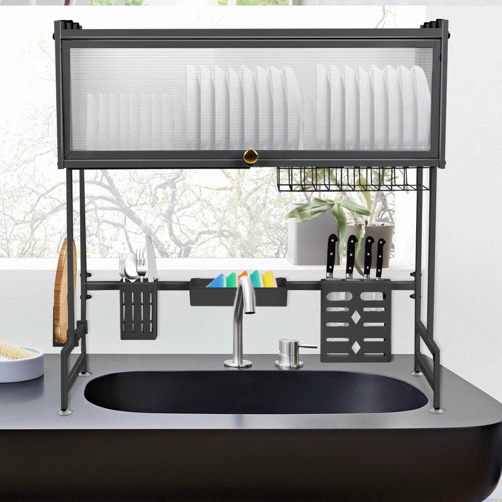JEOBEST Geschirrständer Abtropfständer über der Spüle mit Abdeckung, Dish Rack, mit Messerhalterung, Utensilien-Halter, Schneidebrettständer, Stahl – Bild 3 von 5