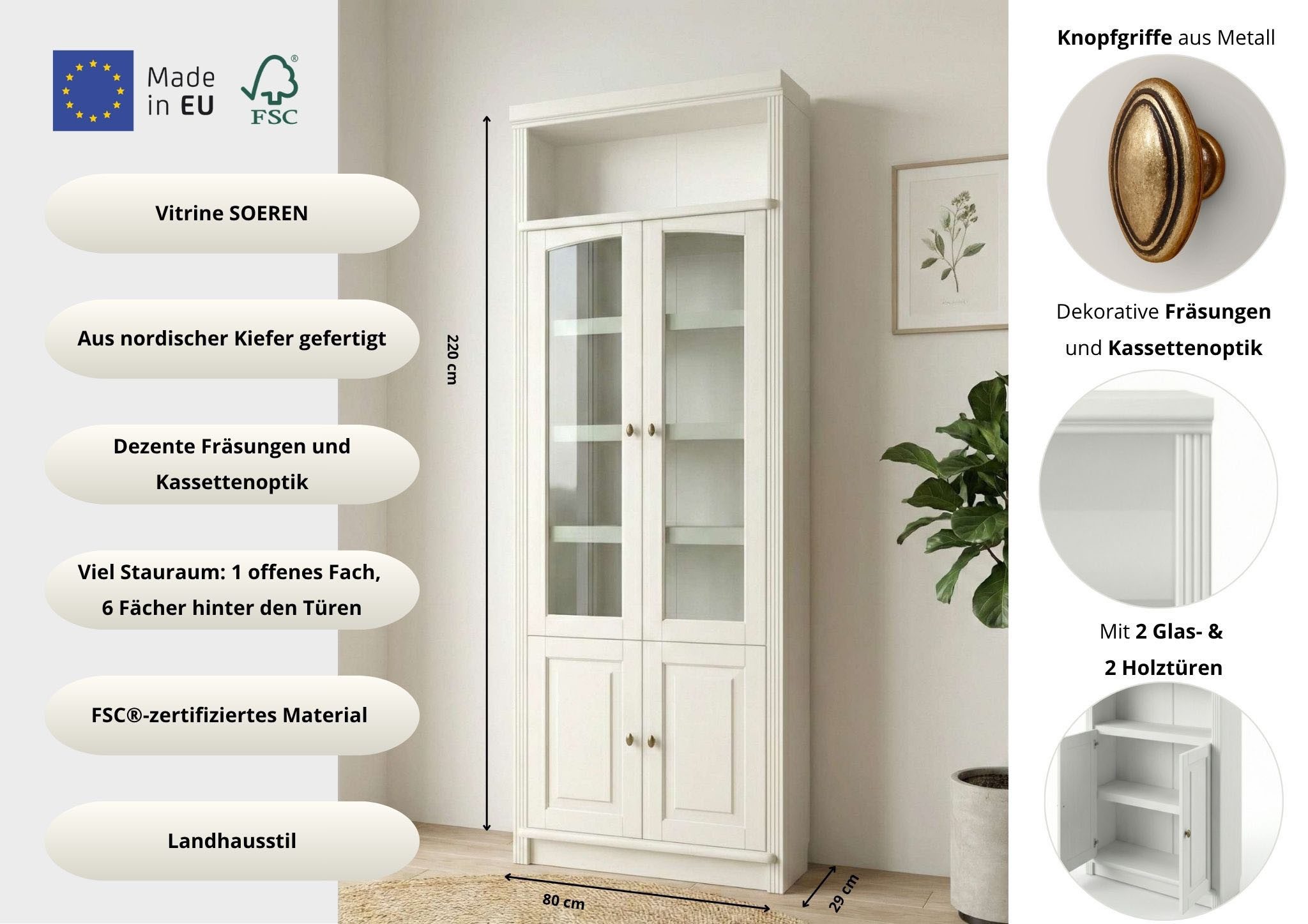 OTTO home Vitrine Soeren Regal mit 2 Glastüren und 2 Holztüren, B/TH: 80/29/220 cm Kiefer FSC®-zertifiziert, 1 offenes Fach, 6 Fächer hinter den Türen