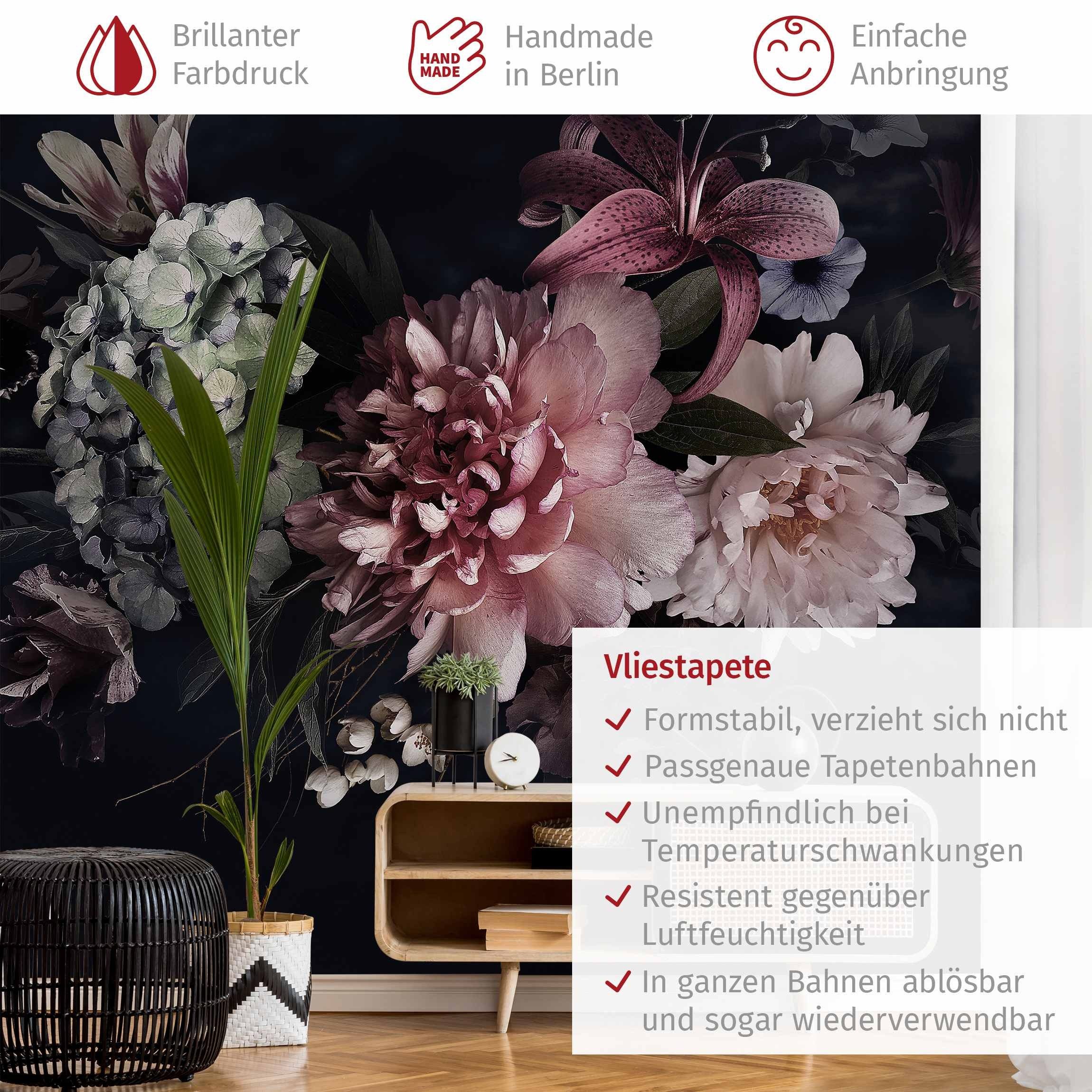 Bilderdepot24 Vliestapete Vintage Blumen Nebel Schwarz Natur Landhausstil Modern Wanddeko, Glatt, Matt, (Vliestapete inkl. Kleister oder selbstklebend), Wohnzimmer Schlafzimmer Küche Flur Fototapete Motivtapete Wandtapete