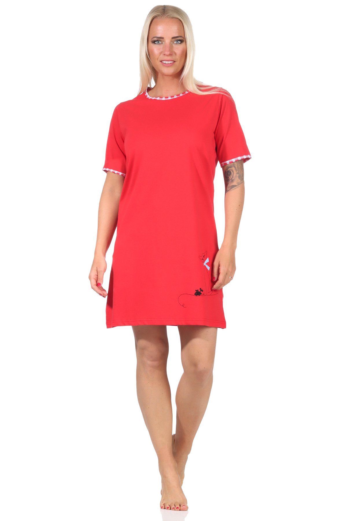 Normann Nachthemd Damen Nachthemd, kurzes Bigshirt mit süßer Katzen-Applikation - 66335 rot | Nachthemden