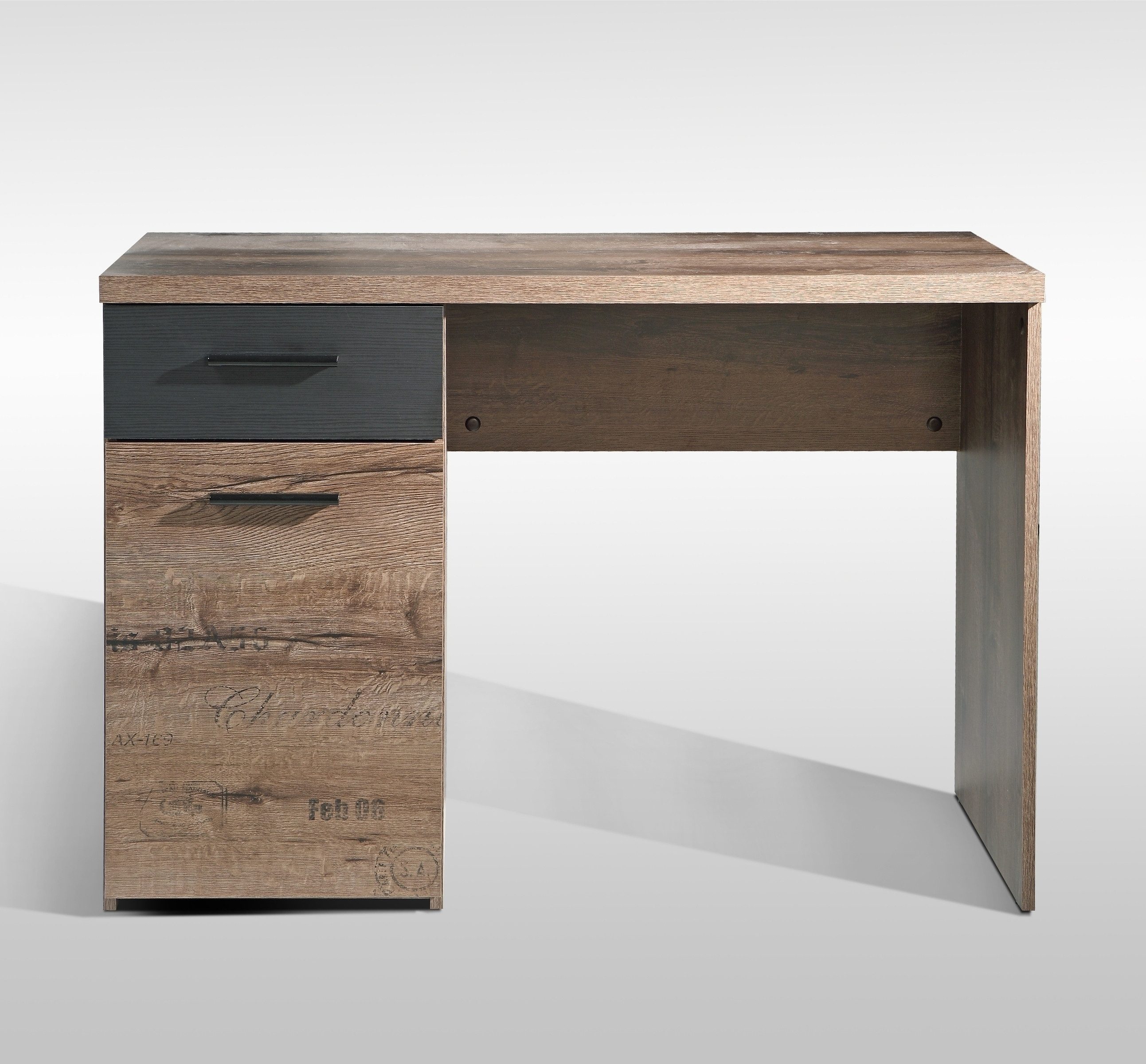 freiraum Schreibtisch JACKY, Script-Schlameiche / Schwarz Eiche Dekor - 110x76,5x52,7cm (B/H/T)