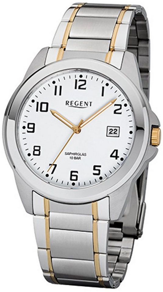 Regent Quarzuhr Regent Herren-Armbanduhr silber gold, Herren Armbanduhr  rund, mittel (ca. 39mm), Edelstahlarmband, Kalender