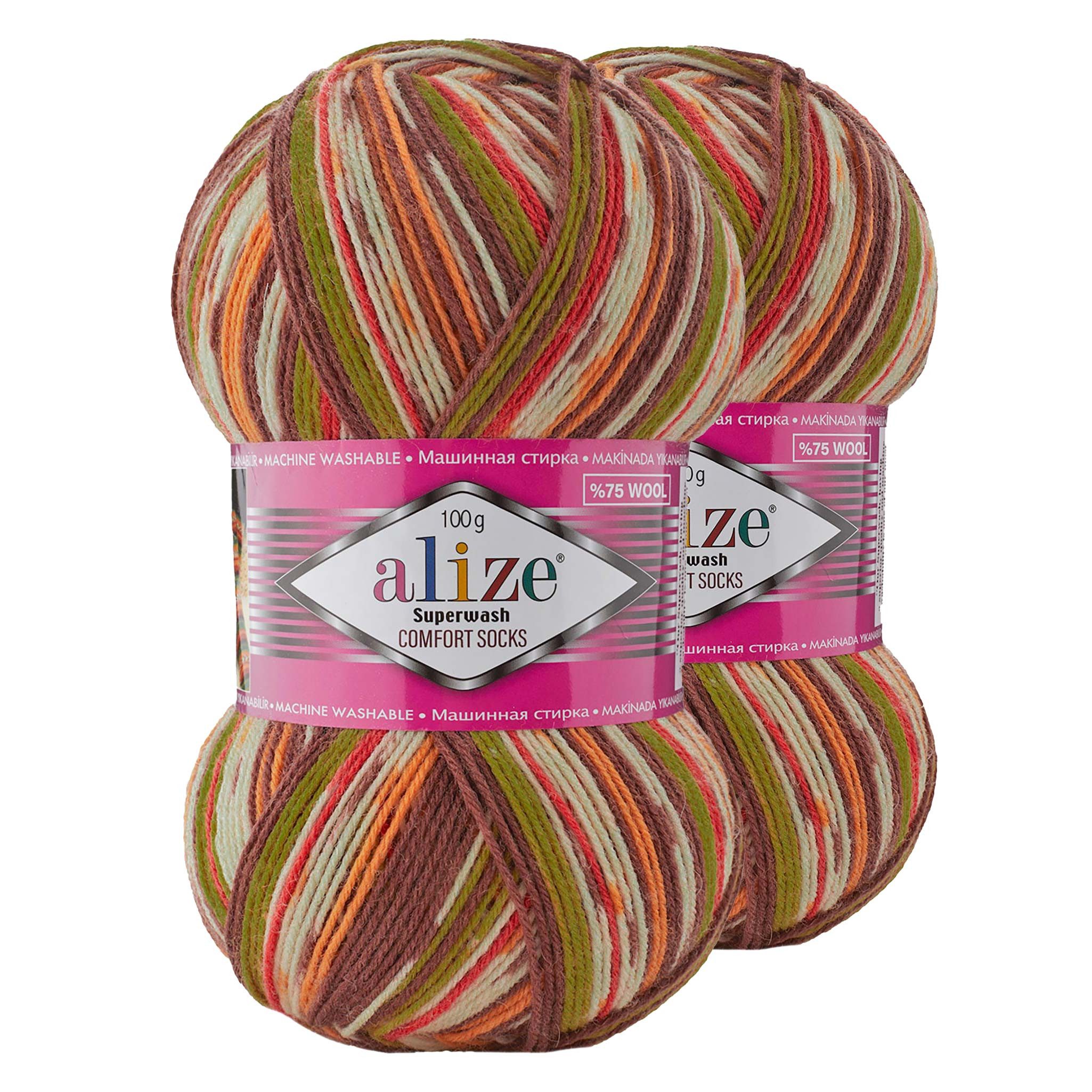 Alize 2 x 100g Sockenwolle Superwash Comfort Häkelwolle, 840 m (2-St), 7709 braun grün orange