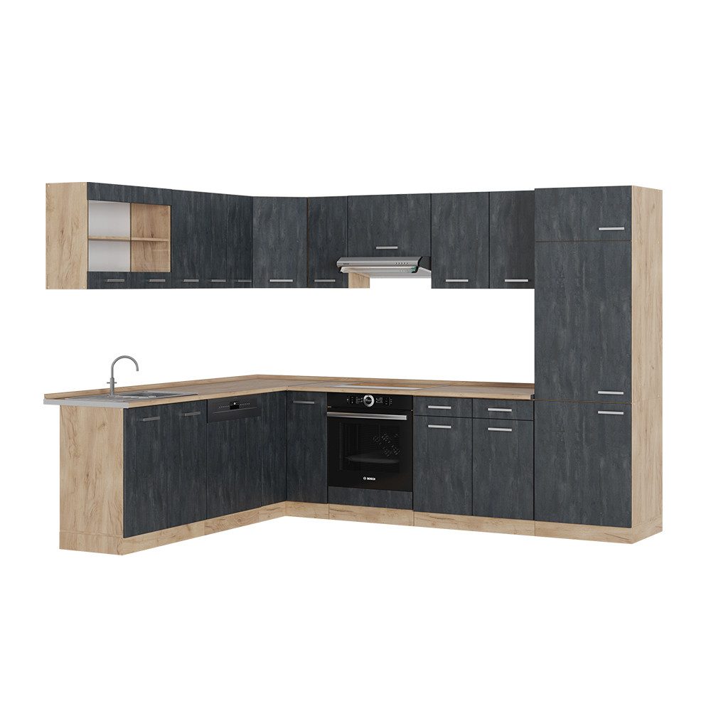 Vicco Winkelküche R-Line, Schwarz Beton/Goldkraft Eiche, günstig online kaufen