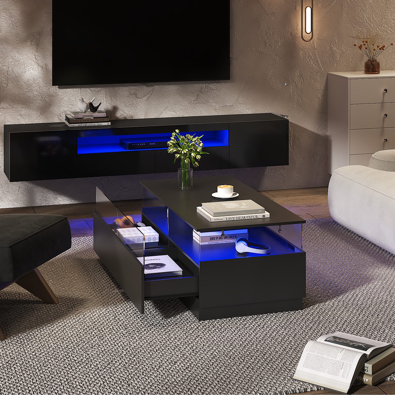 radelldar Couchtisch mit LED-Beleuchtung und 2 Acryltüren-Schubladen (1-St), Wohnzimmertisch Beistelltisch 108 x 50 x 40 cm – Bild 5 von 5