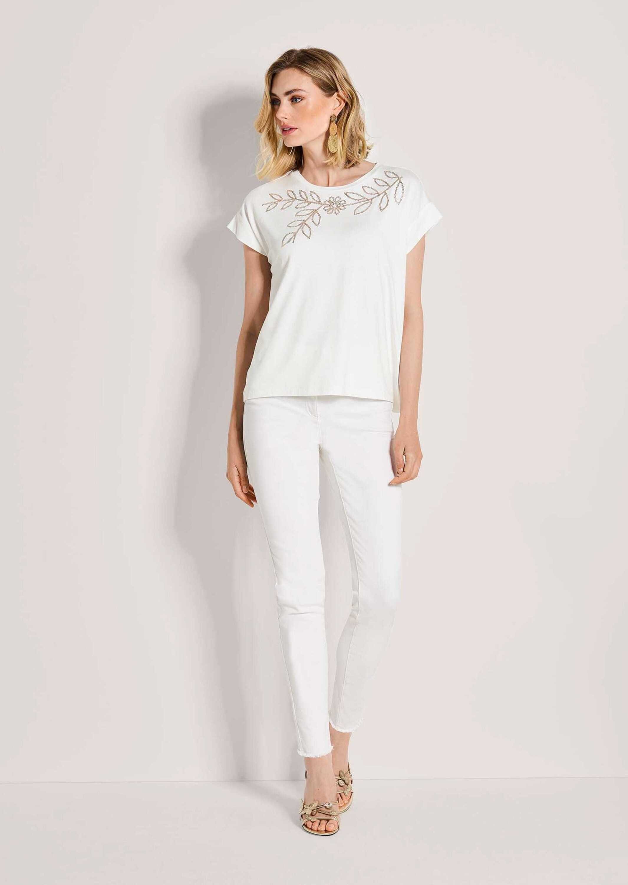MADELEINE Kurzarmshirt Elegantes T-Shirt mit Glanzeffekten Blumenmotiv mit Pailletten, Rundhalsausschnitt, Kurzarm