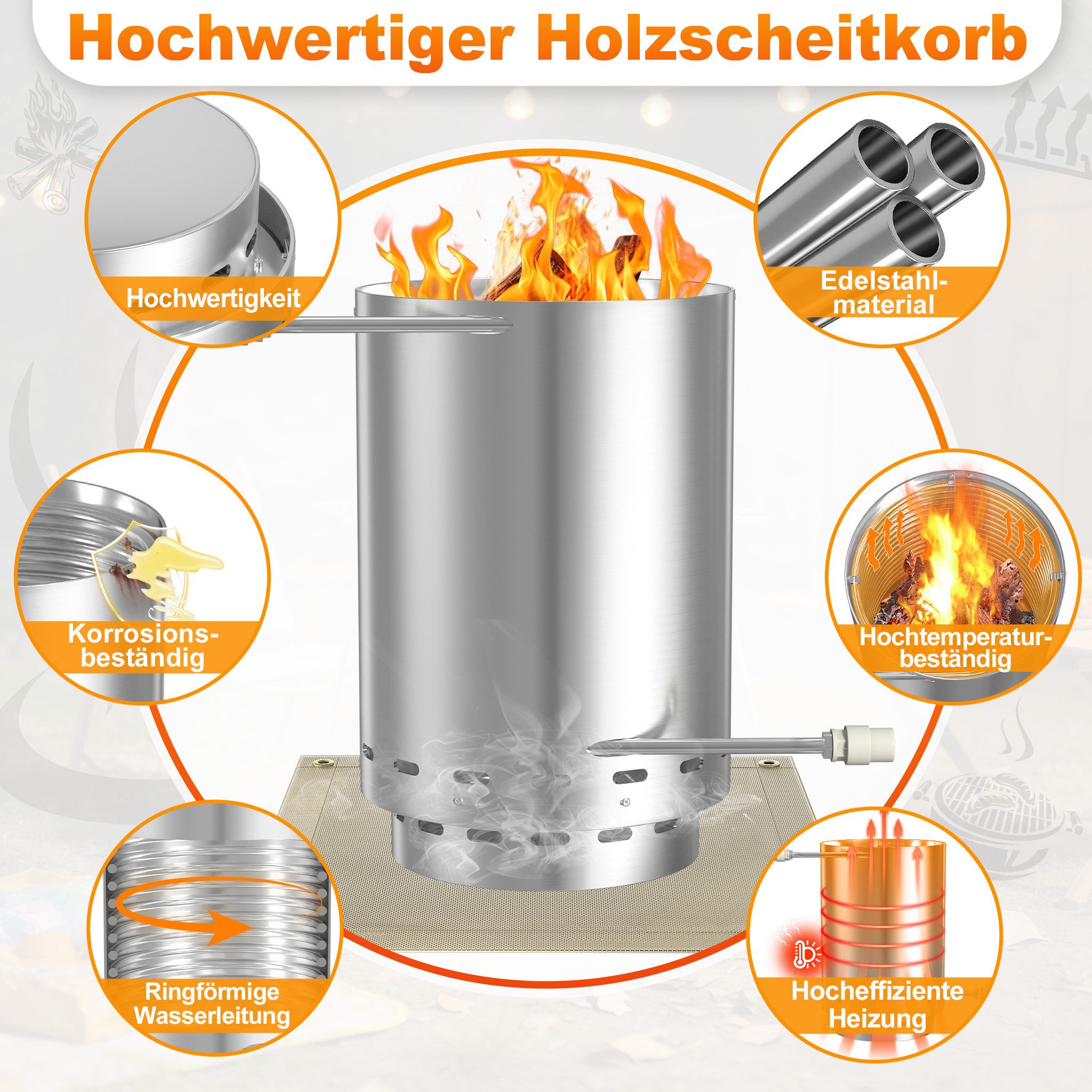 FIVMEN Pool-Wärmepumpe Poolheizung Feuertonne Edelstahl Brennholz mit Feuer Ø 30 x 45 cm (1 tlg), Schwimmbadheizung mit 32/38mm Anschlüsse 14m Eingebaute Spiralerohr
