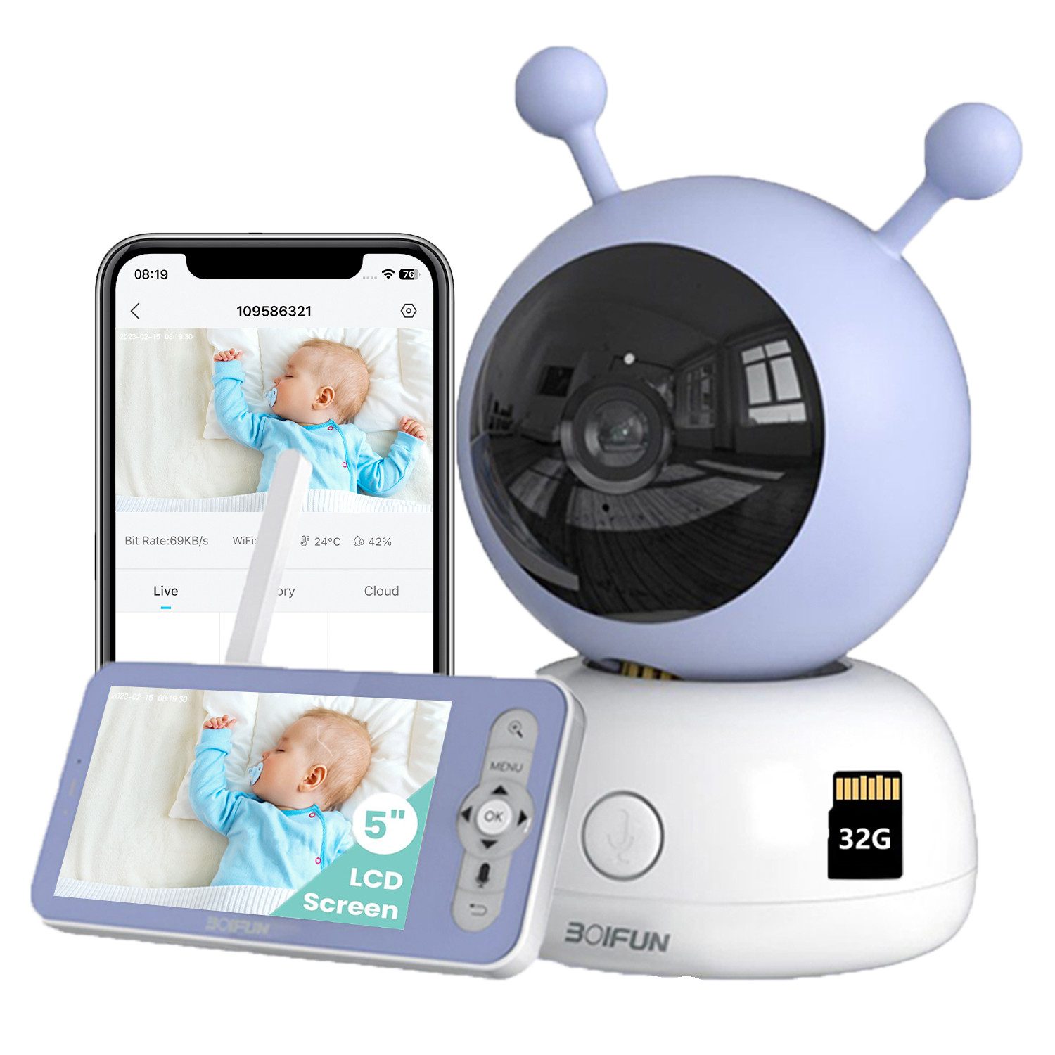 Video-Babyphone 5 Zoll Babyphone mit Kamera WLAN Video Babyfon mit App mit 32G Karte