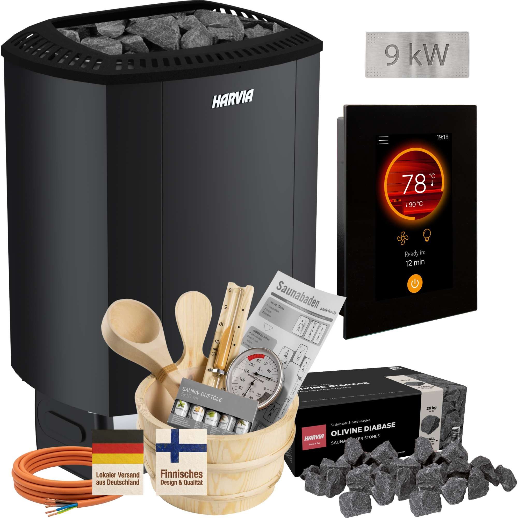 Fresh-Pool Saunaofen Harvia Sound M90E Black 9 kW Saunaofen Set 18-teil, 9 kW, (1-St)