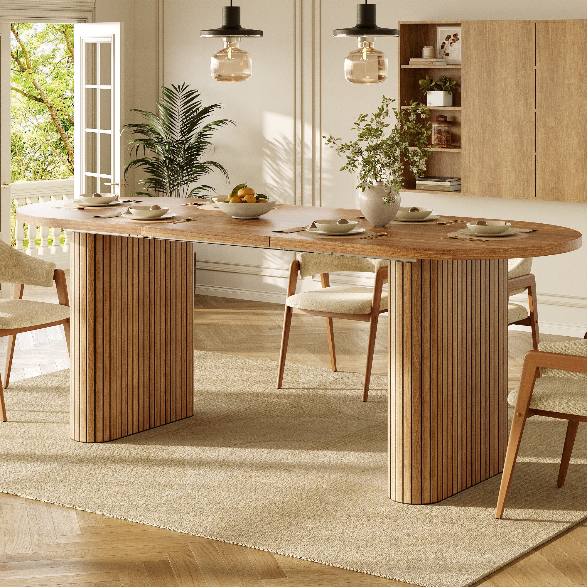 Flieks Esstisch (verstellbare Länge 120-160/T80/H75,5 cm, 1-St., 1 Tisch), ausziehbarer Küchentisch ovaler Schreibtisch Holzoptik Dunkelnatur