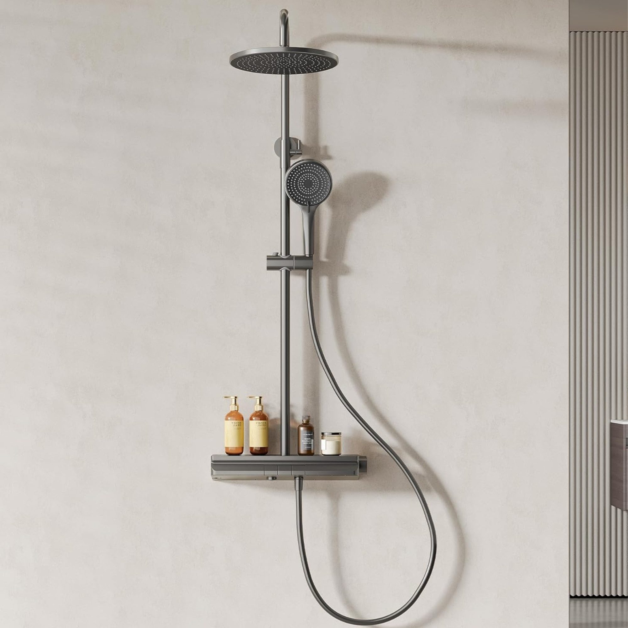 Vivitar Duschsystem mit Thermostat, Duschsäule mit Duschstange, mit 1 Griff, 3 Strahlart(en), Duscharmatur für das Badezimmer, Duschset mit Temperaturregelung, Handbrause mit verschiedenen Strahlarten, Handbrause mit verschiedenen Strahlarten, komplettes Duschset