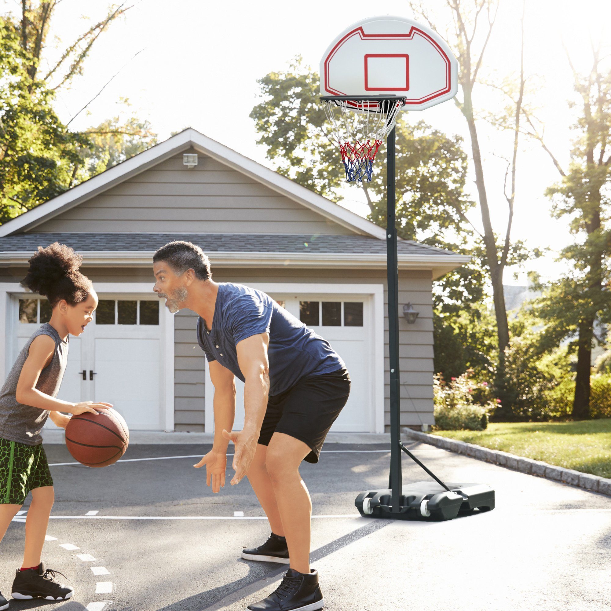 HOMCOM Basketballständer Basketballkorb mit Rollen Standfuß mit Wasser PE + Stahl Schwarz (set, 1-St., Basketballkorb), Schwarz 73L x 49B x 194-249H cm