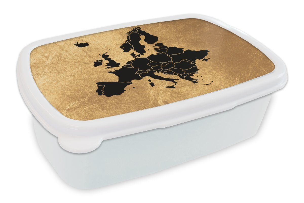 MuchoWow Lunchbox Karte von Europa - Schwarz und Gold, Kunststoff, (2-tlg), Brotbox für Kinder und Erwachsene, Brotdose, für Jungs und Mädchen weiß