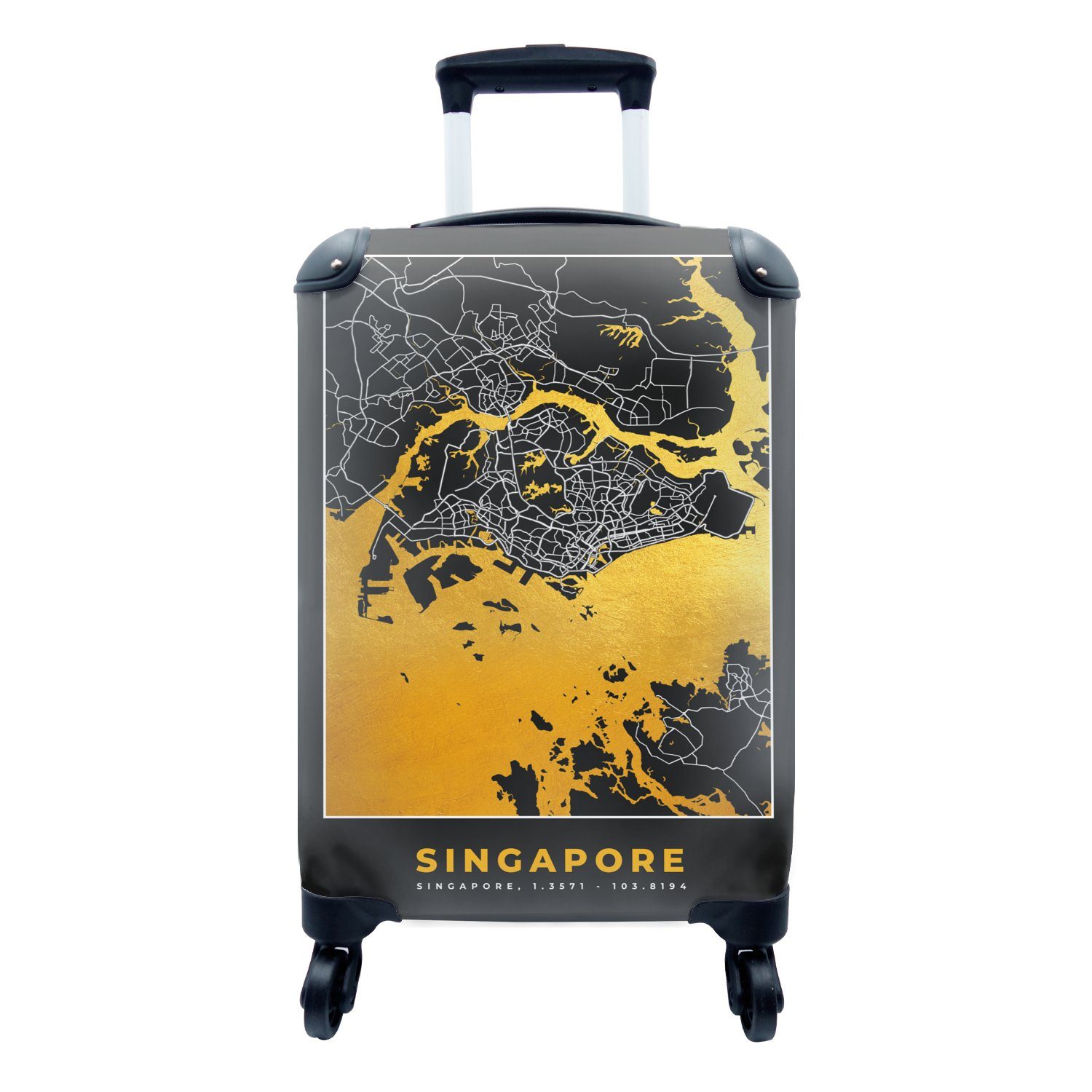 MuchoWow Handgepäckkoffer Singapur - Stadtplan - Gold - Karte, 4 Rollen, Reisetasche mit rollen, Handgepäck für Ferien, Trolley, Reisekoffer