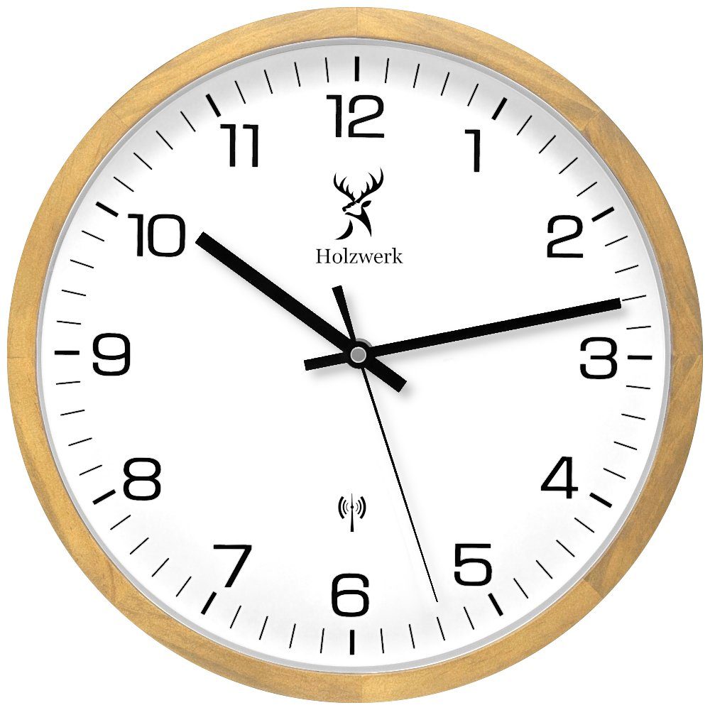 Holzwerk Funkwanduhr Designer Loft Funk Holz Wand Uhr, braun, beige, weiß (Nahezu lautloses Uhrwerk, analog, 30 cm)
