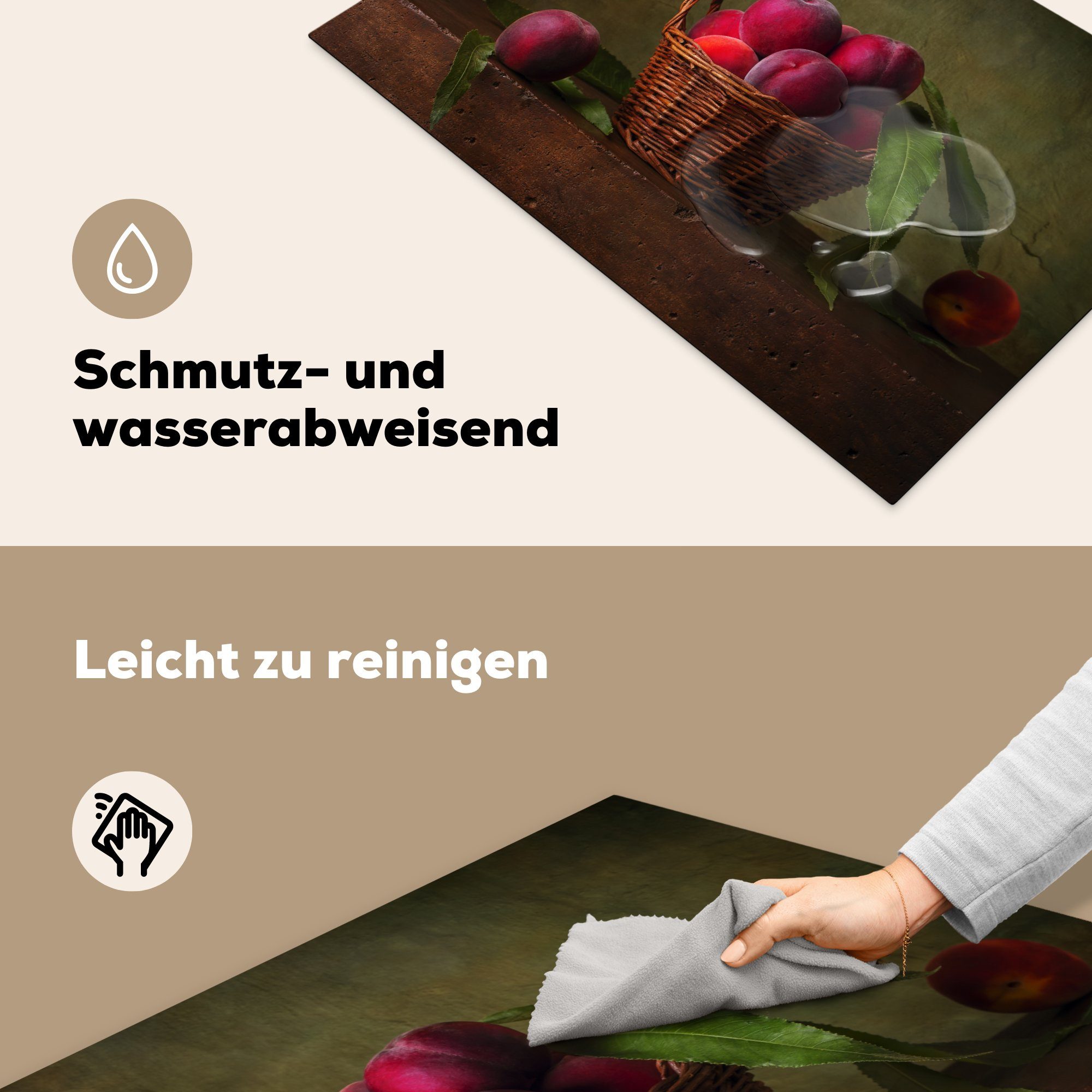 - tlg), (1 Korb cm, - Ceranfeldabdeckung Rustikal Stilleben, Herdblende-/Abdeckplatte Pflaume - Rosa die küche, MuchoWow 81x52 Schutz - für Obst Vinyl, Induktionskochfeld -