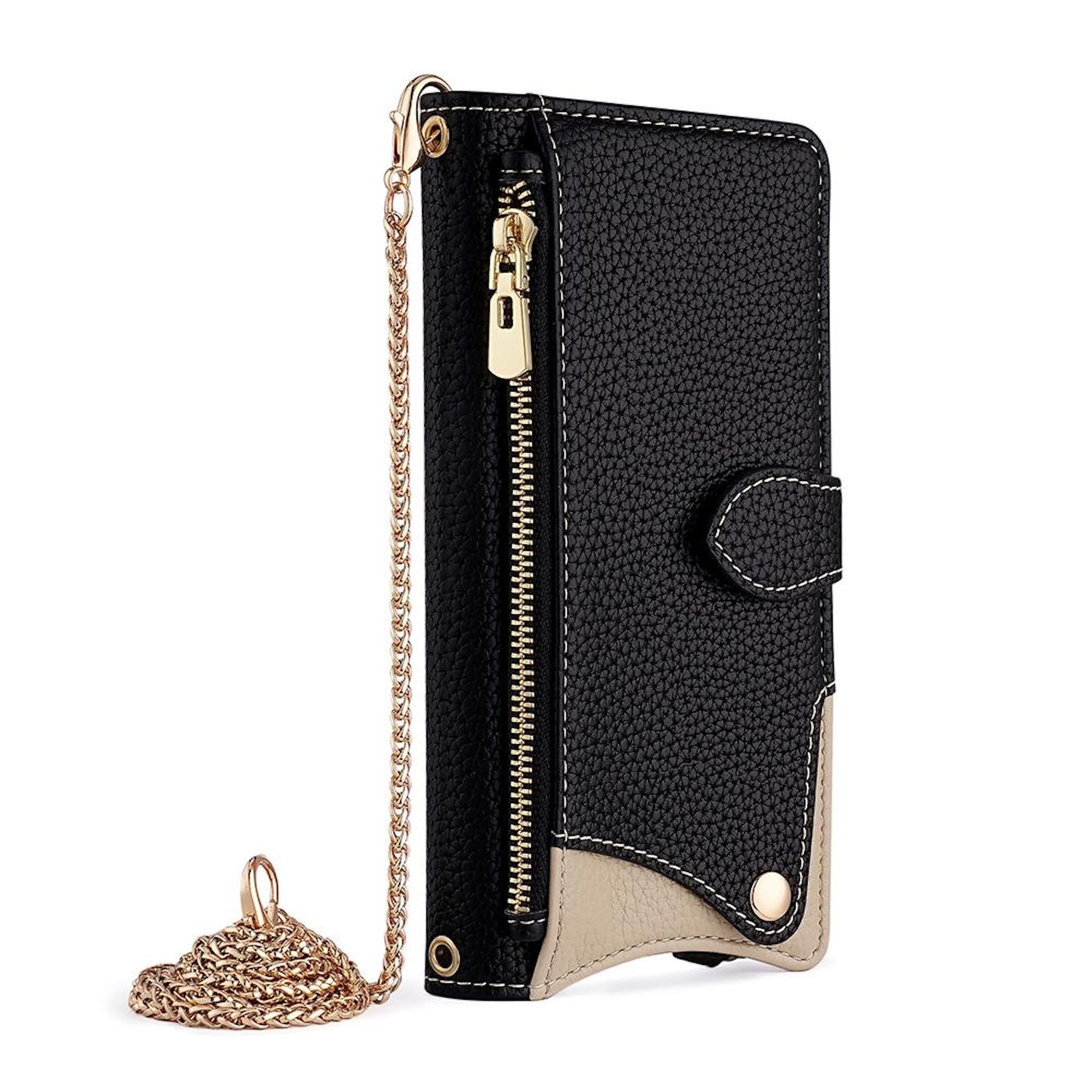 Wigento Handyhülle Für Samsung Galaxy A17 5G Crossbody Kunstleder Schutz Tasche Schwarz, Wallet Case mit Spiegel, Kartenfächern und Umhängekette
