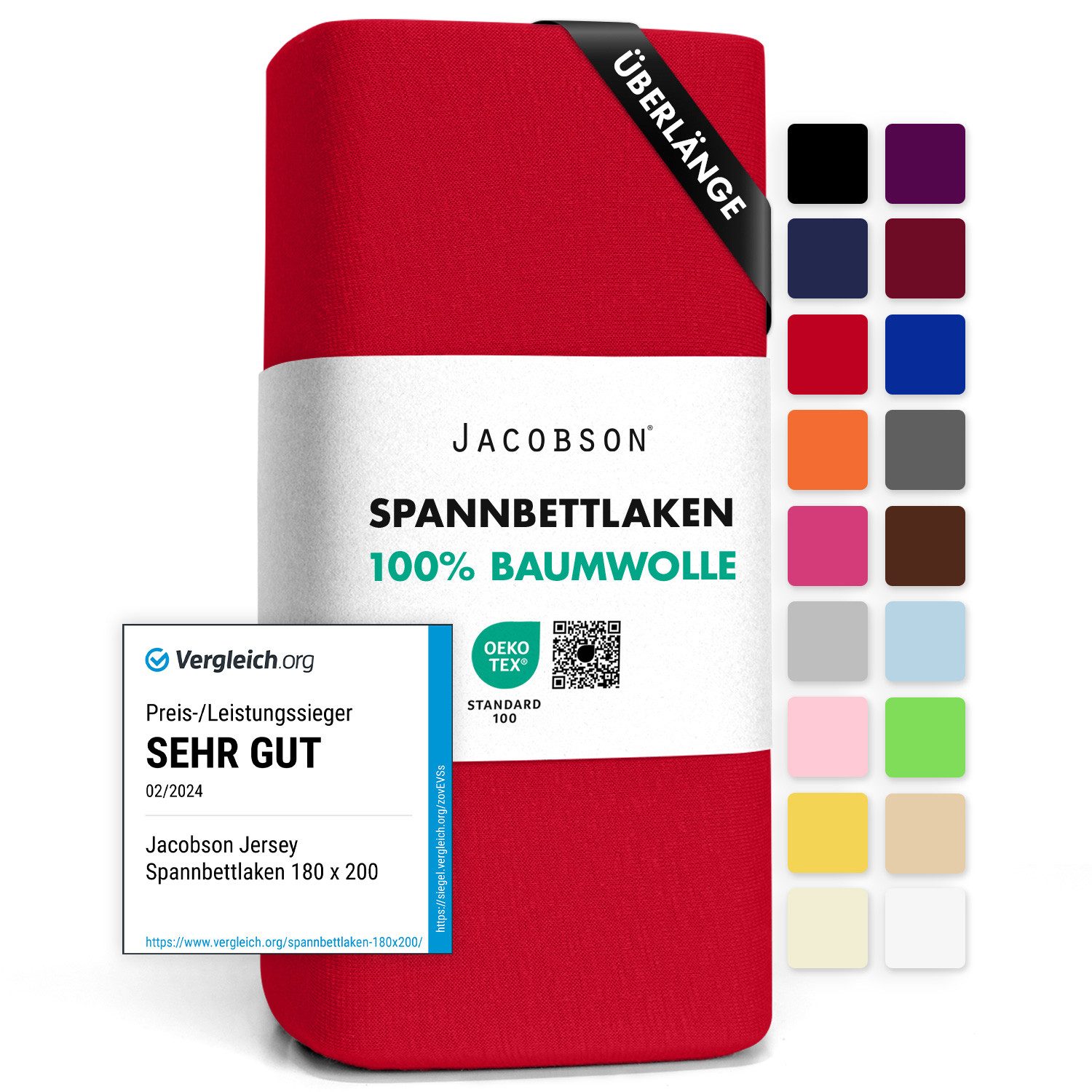 Jacobson Spannbettlaken BOXSPRING & ÜBERLÄNGE aus 100% Baumwolle, für hohe & lange Matratzen, Jersey Bettlaken 160 g/m²