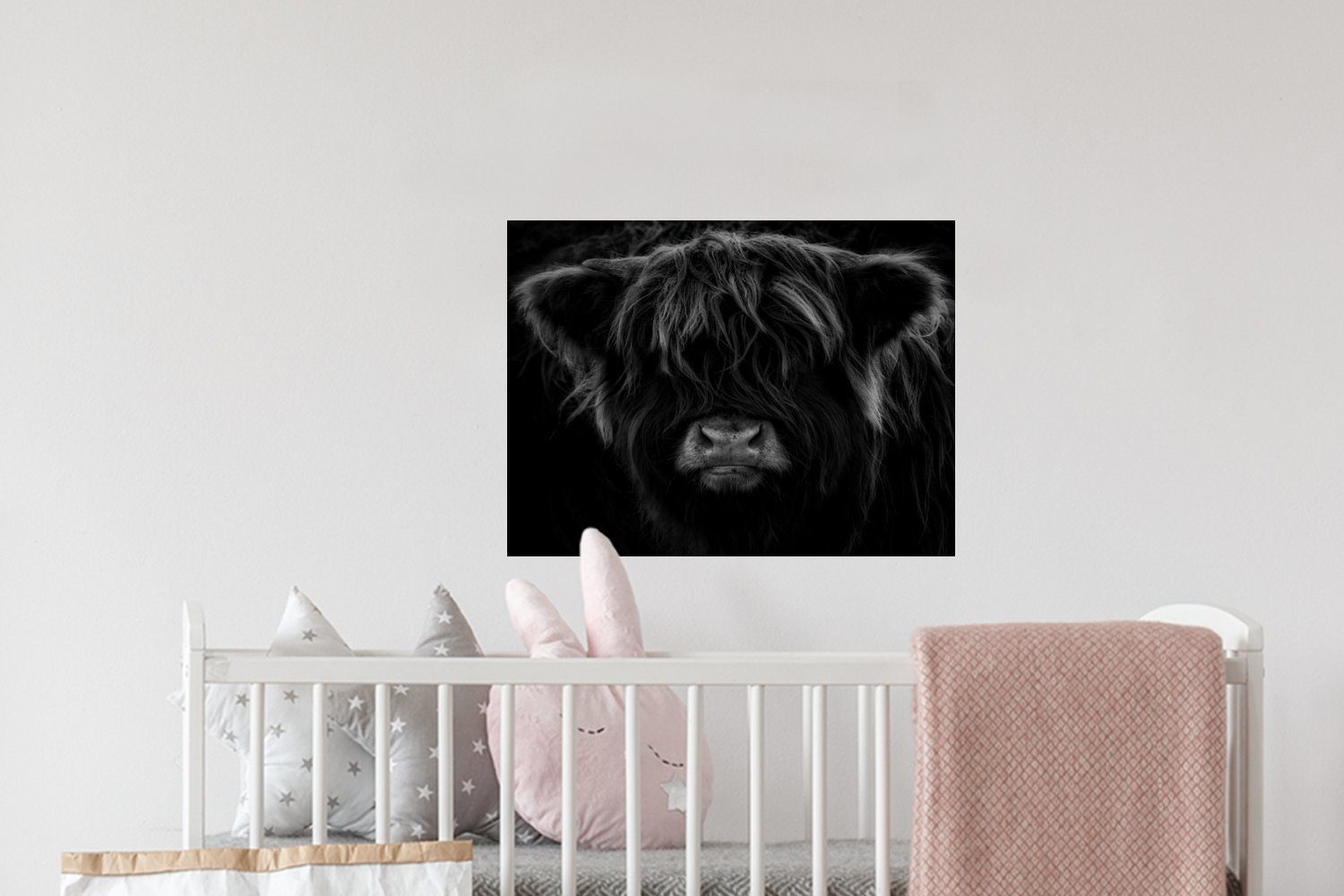 Schlafzimmer Tiere Schwarz Porträt - Selbstklebend, Weiß St), (1 Kuh - Wandaufkleber, Wohnzimmer, Wandsticker - - MuchoWow - Wandtattoo, Highlander Schottischer
