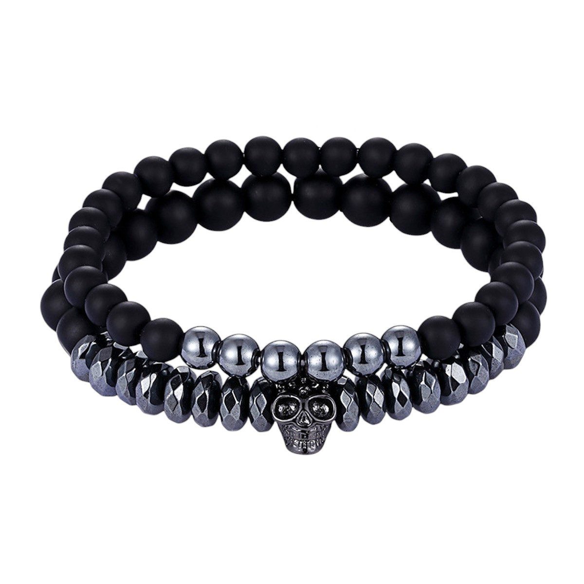 KARMA Armband Set Schwarz Glas Metall Herren Perlenarmband modern Herrenarmband (Geschenk für Ihn, 2-tlg., Schmuckset Totenkopf), Dehnbar Herrenschmuckset Skull