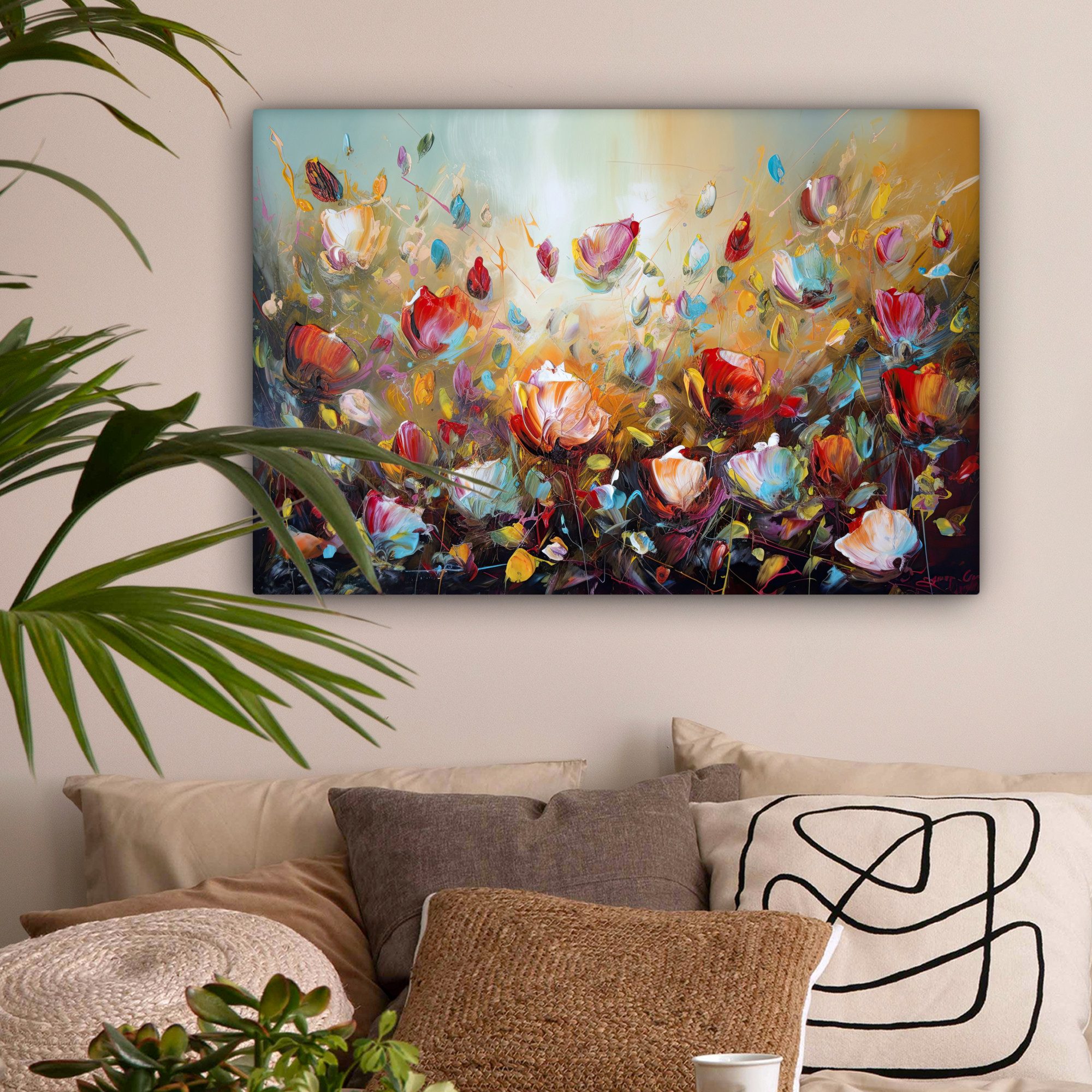 OneMillionCanvasses® Leinwandbild Blumen - Kunst - Natur - Ölfarbenoptik, Fotodruck (1 St), Leinwände Wanddeko Wohnzimmer Schlafzimmer 60x40 cm