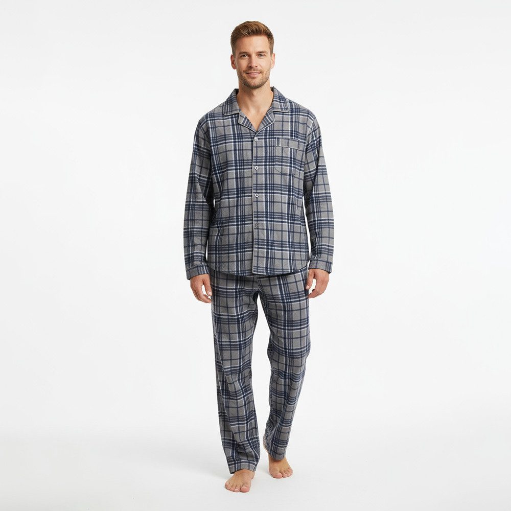 emeco Pyjama Herren Pyjama Baumwolle Schlafanzug lang Hausanzug kariert Nachtanzug