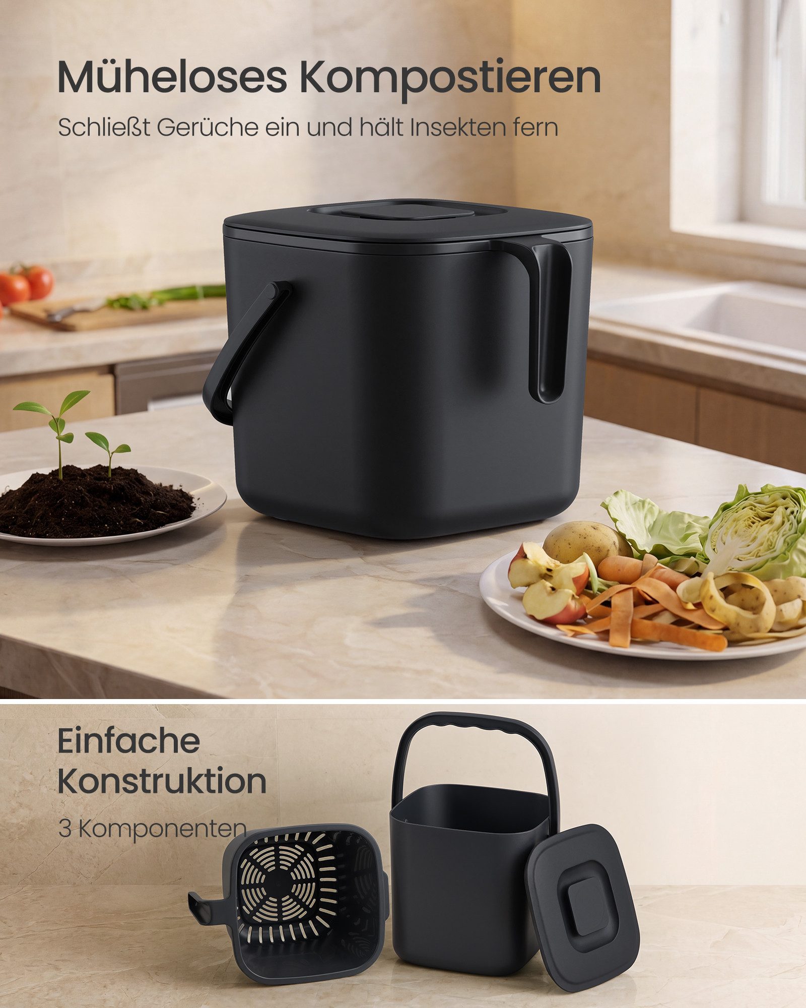 SONGMICS Biomülleimer Biomülleimer mit Deckel und Griff, 4L,7L, Geruchsdichter Komposteimer mit Abtropfkorb