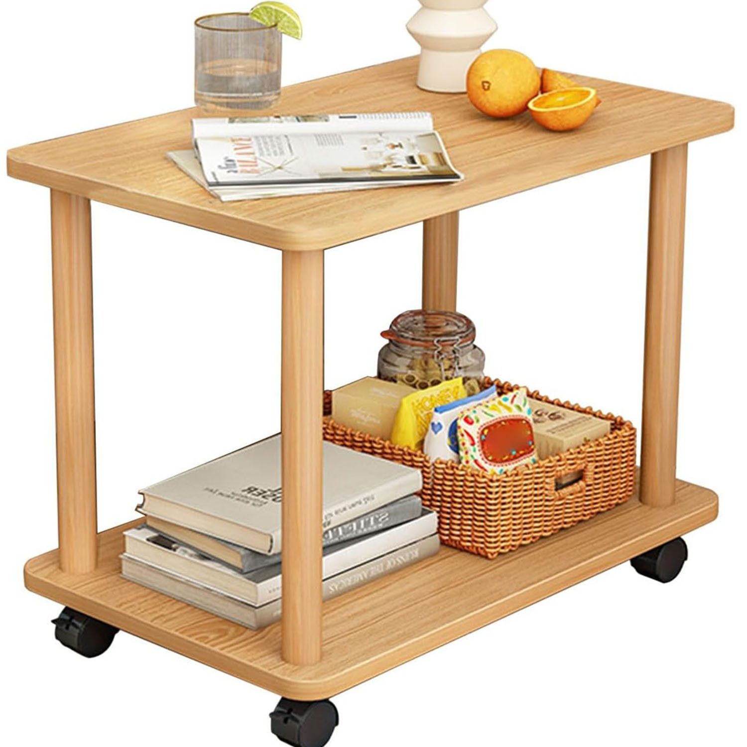 SURFOU Beistelltisch Holz mit Rollen Schmaler Nachttisch mit 2 Ebenen (Kleine Nachttische Couchtisch Teetisch Sofatisch 360° Drehung), für Wohnzimmer Schlafzimmer Balkon 60*40*53cm