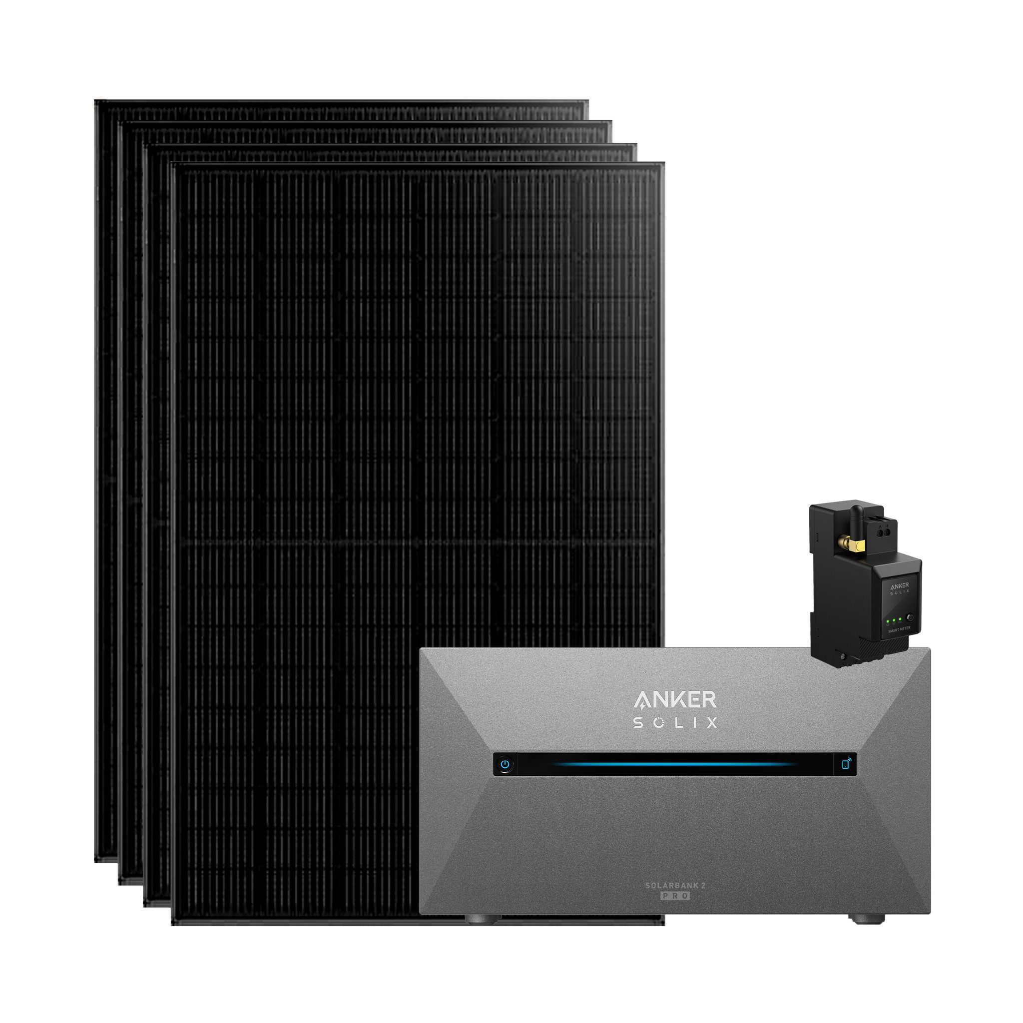 Anker Balkonkraftwerk Solix 1820W Photovoltaikanlage Komplettset mit Solarbank E1600 2 Pro, 1820 W, N typ Glas-Glas, Vollschwarz, (Set, 4-St., 4 Solarmodule+1 Anker Solix 2 Pro+0/1 Smarte Meter +0/1/2 BP1600), integriertem Wechselrichter, Wifi, Bluetooth,