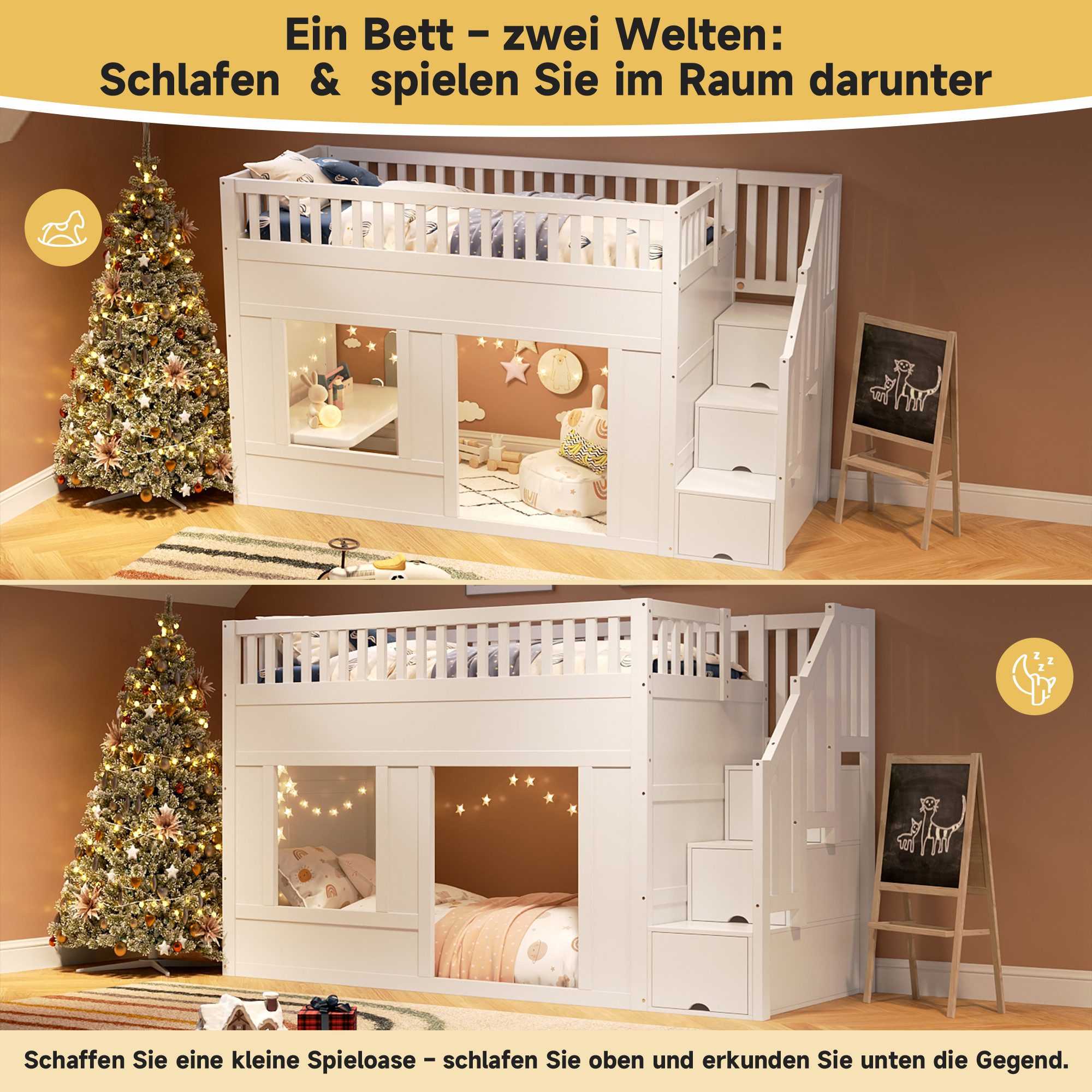 Flieks Hochbett Kinderbett Hausbett 90x200cm mit Stauraumtreppe und Rausfallschutz – Bild 5 von 5
