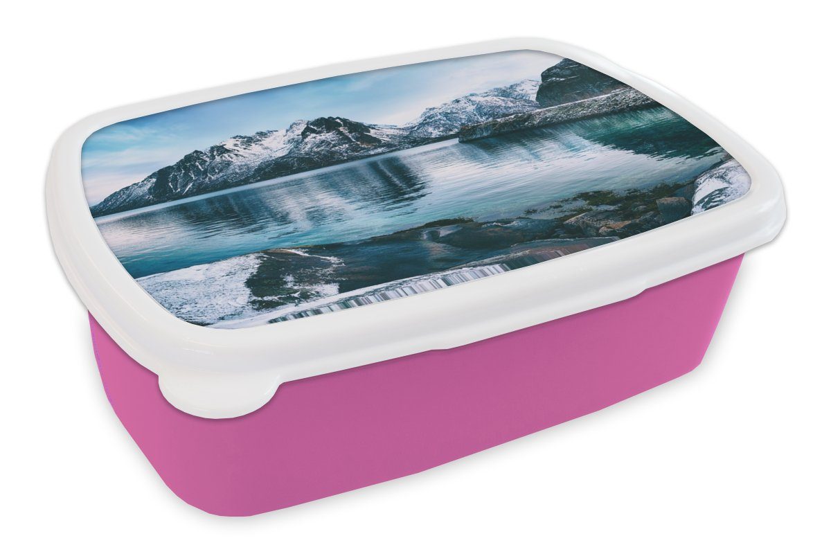 MuchoWow Lunchbox Wasser - Berge - Natur, Kunststoff, (2-tlg), Brotbox für Erwachsene, Brotdose Kinder, Snackbox, Mädchen, Kunststoff rosa