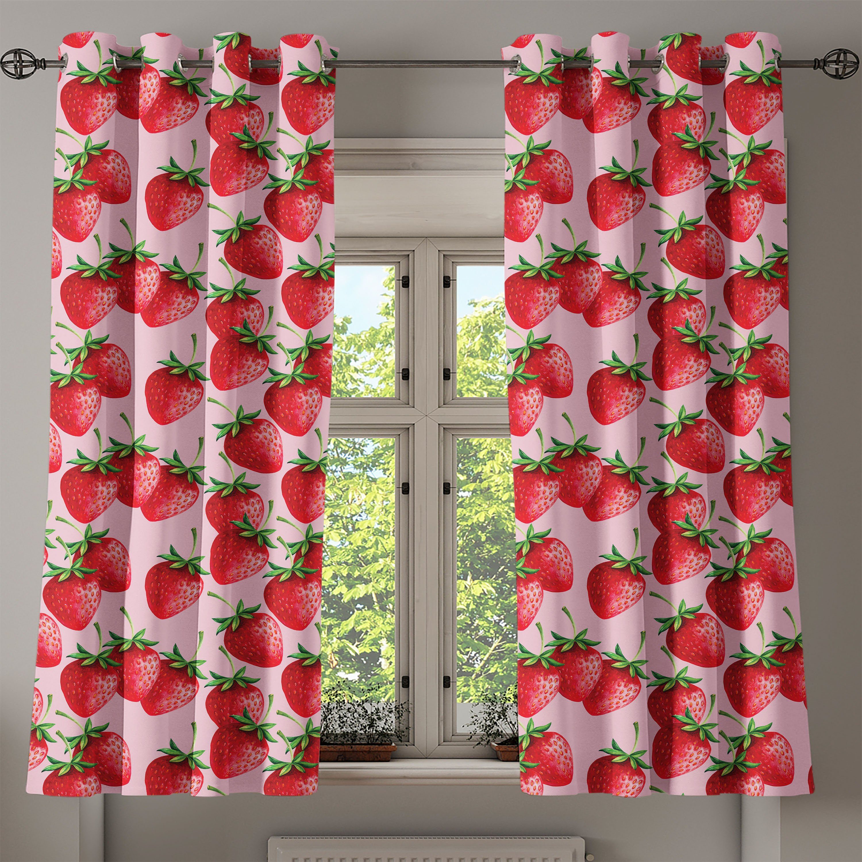 für Abakuhaus, Saftige Gardine Wohnzimmer, 2-Panel-Fenstervorhänge Erdbeeren rot Dekorative Obst Schlafzimmer