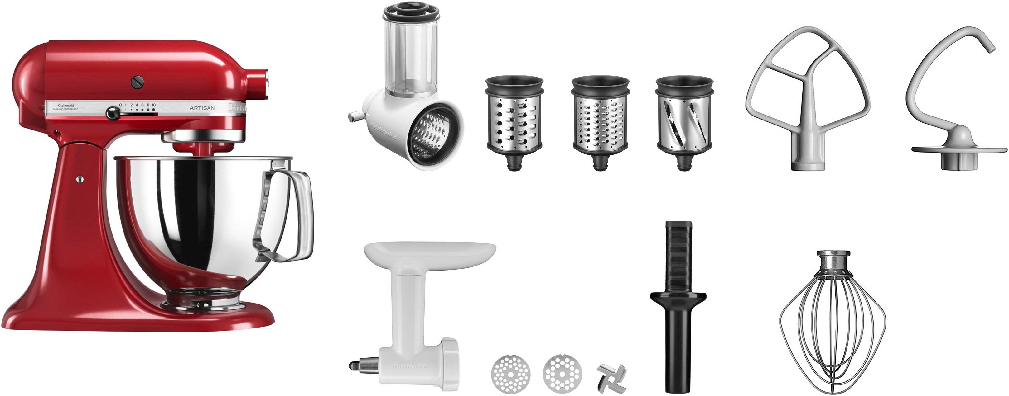 KitchenAid Kuchenmaschine 5KSM125EER 5KSM125EER 300 W 4 8 l Schussel Gratis Fleischwolf Gemuseschneider m. 3 Trommeln Wert ca. 278 UVP
