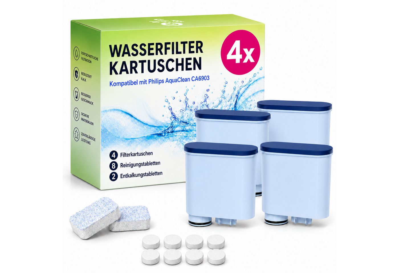 Filswa 4x Wasserfilter + 2x Entkalker + 8x Reinigungstabs für Philips & Saeco Kaffeevollautomaten-Reinigungsset