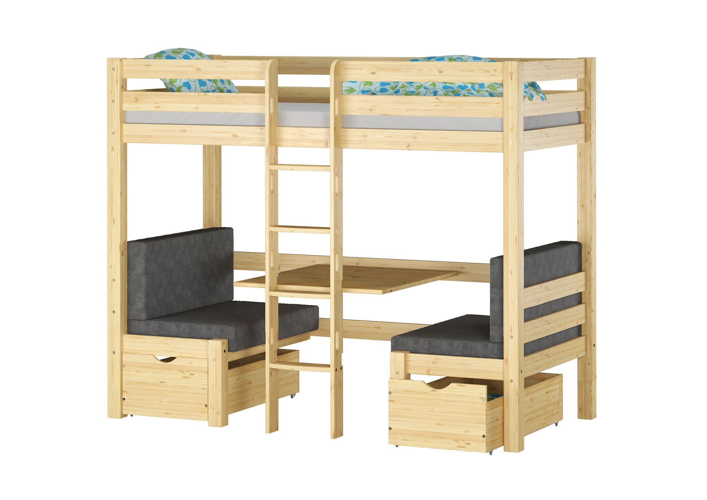 ERST-HOLZ Etagenbett Kinderetagenbett mit Tisch massiv Kiefer und Sitzbank