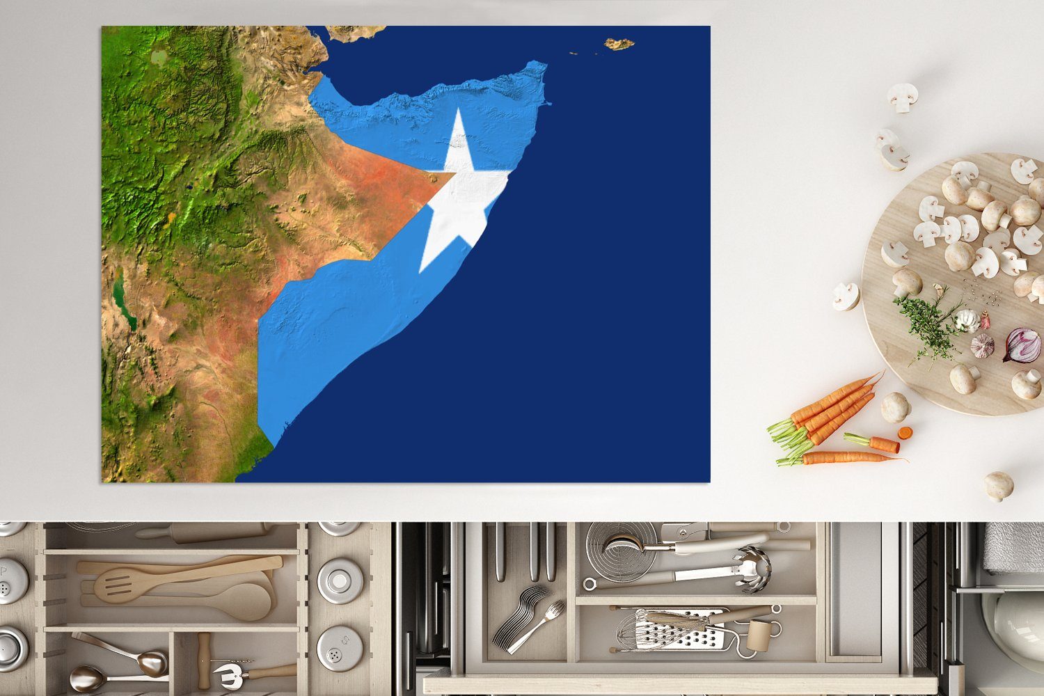 MuchoWow Herdblende-/Abdeckplatte Satellitenbild von des tlg), cm, Arbeitsfläche 70x52 Ceranfeldabdeckung mit der Mobile Landes Vinyl, Flagge (1 darüber, nutzbar, Somalia