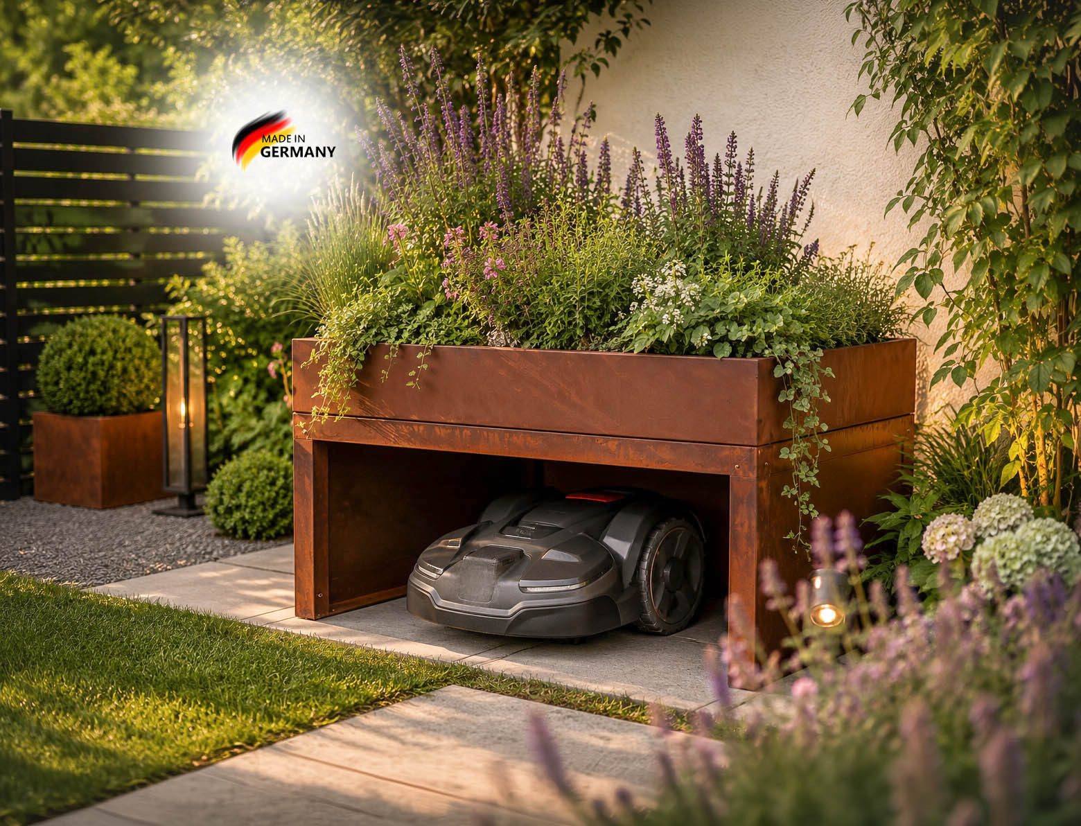 BADEKO Mähroboter-Garage aus Edelrost mit Pflanzeinfassung 80x70x40 cm in hochwertiger Ausf., Pflanzwanne zum Abnehmen