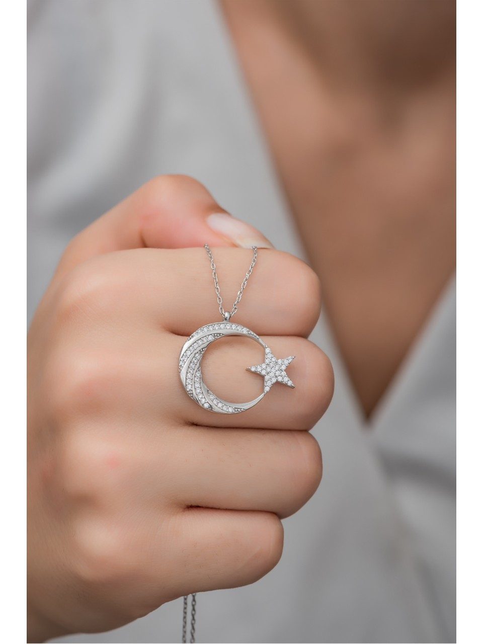 Nisan Ohrring-Set, Silber Halskette – Halbmond & Stern Anhänger mit weißen günstig online kaufen