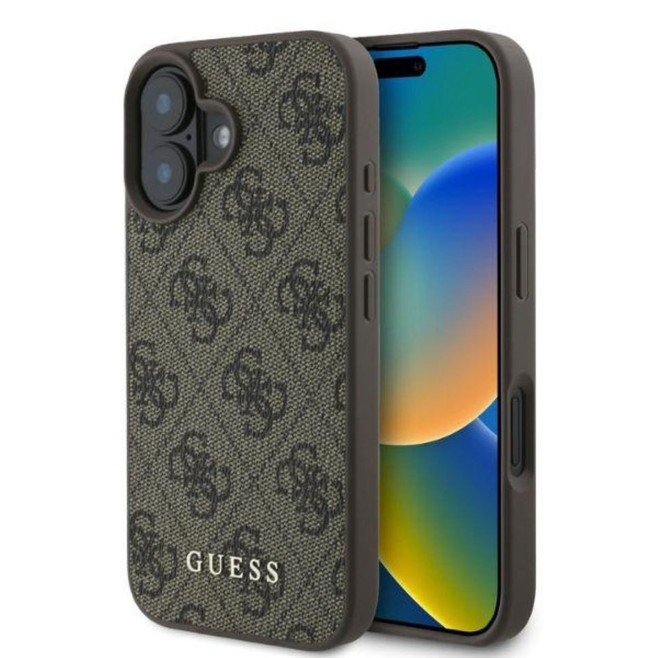 Guess Handyhülle iPhone 16 Kunstleder Muster braun Logo goldfarbig