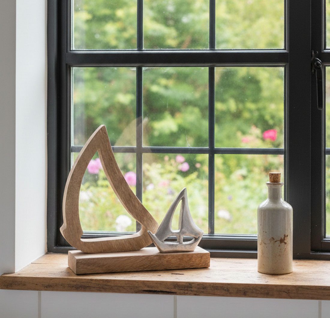 LB H&F Lilienburg Dekofigur Schiff Figur Aufsteller Deko Bad Badezimmer Holz Alu (maretimes dekoset holzdeko nautisch ferienhaus ferienwohnung urlaub, Natur Baddeko Dekoration Fenster Tür Segelboot Boot Segelboot Austeller Skulptur Objekt Fensterbank Fensterbrett Geschenk Idee dekorieren, Dekoobjekt Shabby Vintage upcycling maritime Artikel Meer Strand Urlaub Nordsee Segelschiff Dekoartikel Mangoholz Aluminium Design Metall Wohnzimmer, toilette garten mare fensterdeko boot silber modern), maritim Geschenk Urlaub Sommer nachhaltig maretim