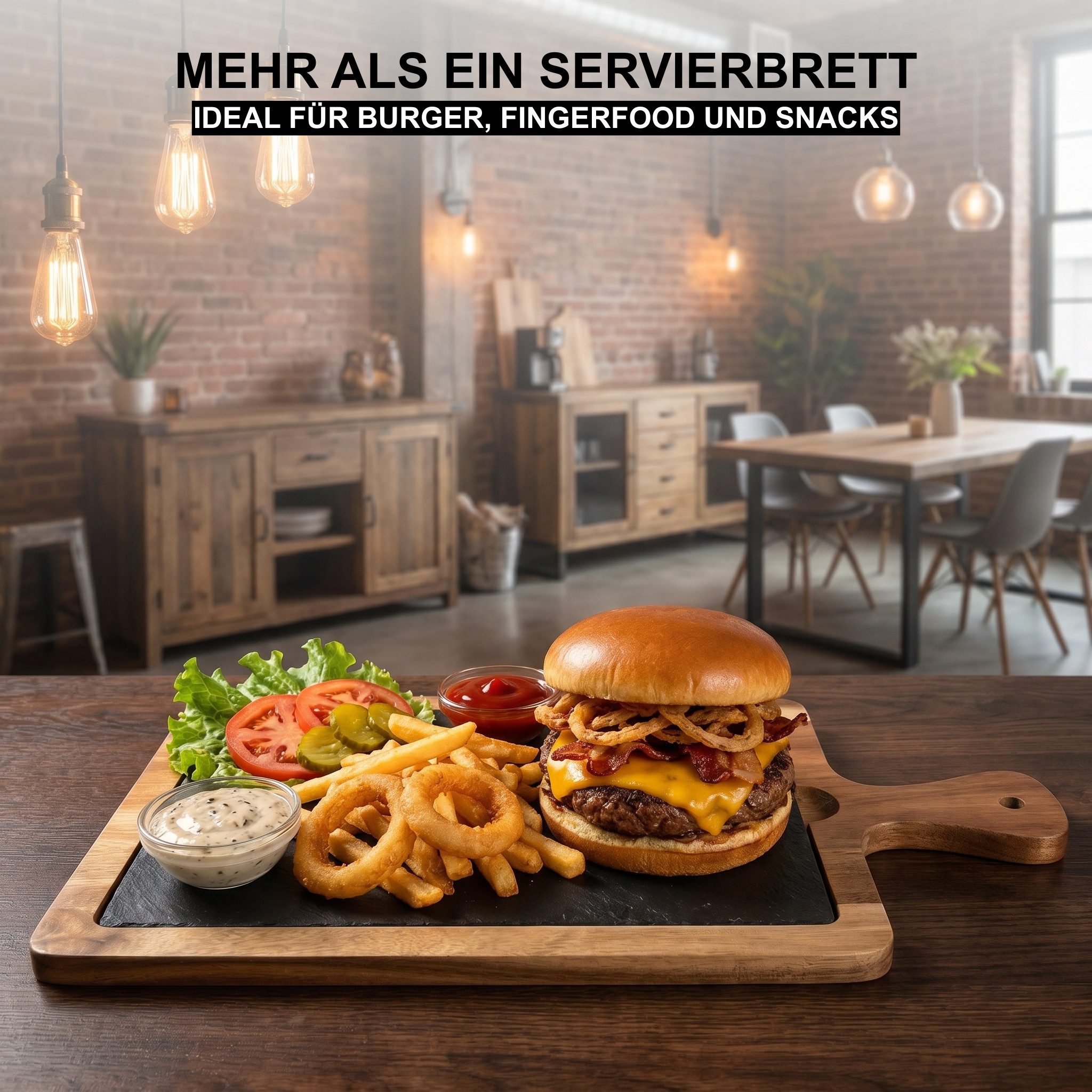 hausleben Servierplatte Servierbrett mit Griff 45x15 cm, (1-tlg), Akazienholz Servierbrett mit Schiefereinsatz – Bild 2 von 5