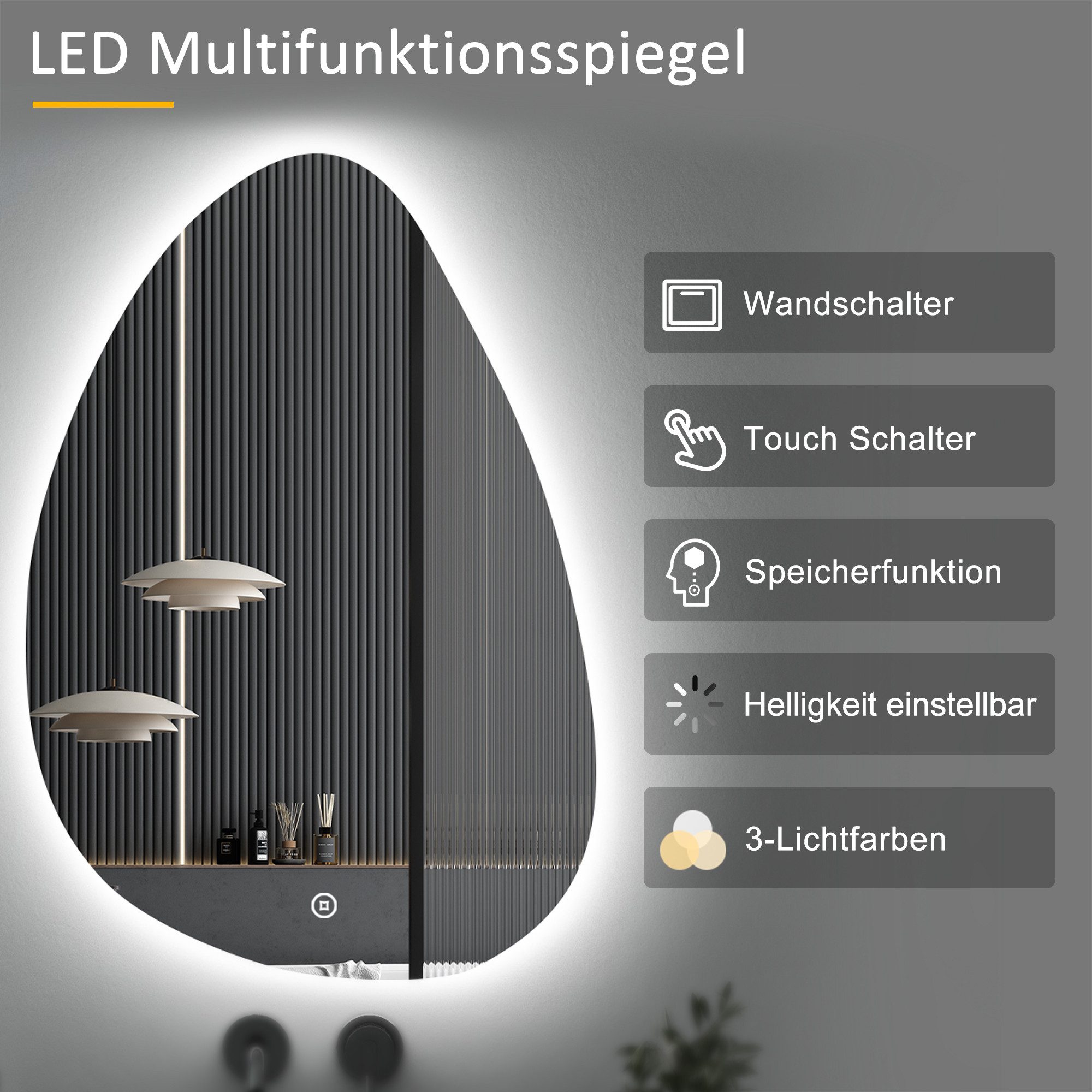 WDWRITTI Wandspiegel mit beleuchtung Badspiegel LED Touch Modern Dreifarbiges Dimmbar (LED Spiegel Bad, Wassertropfen, 55x80cm, 65x90cm), LED Multifunktionspiegel