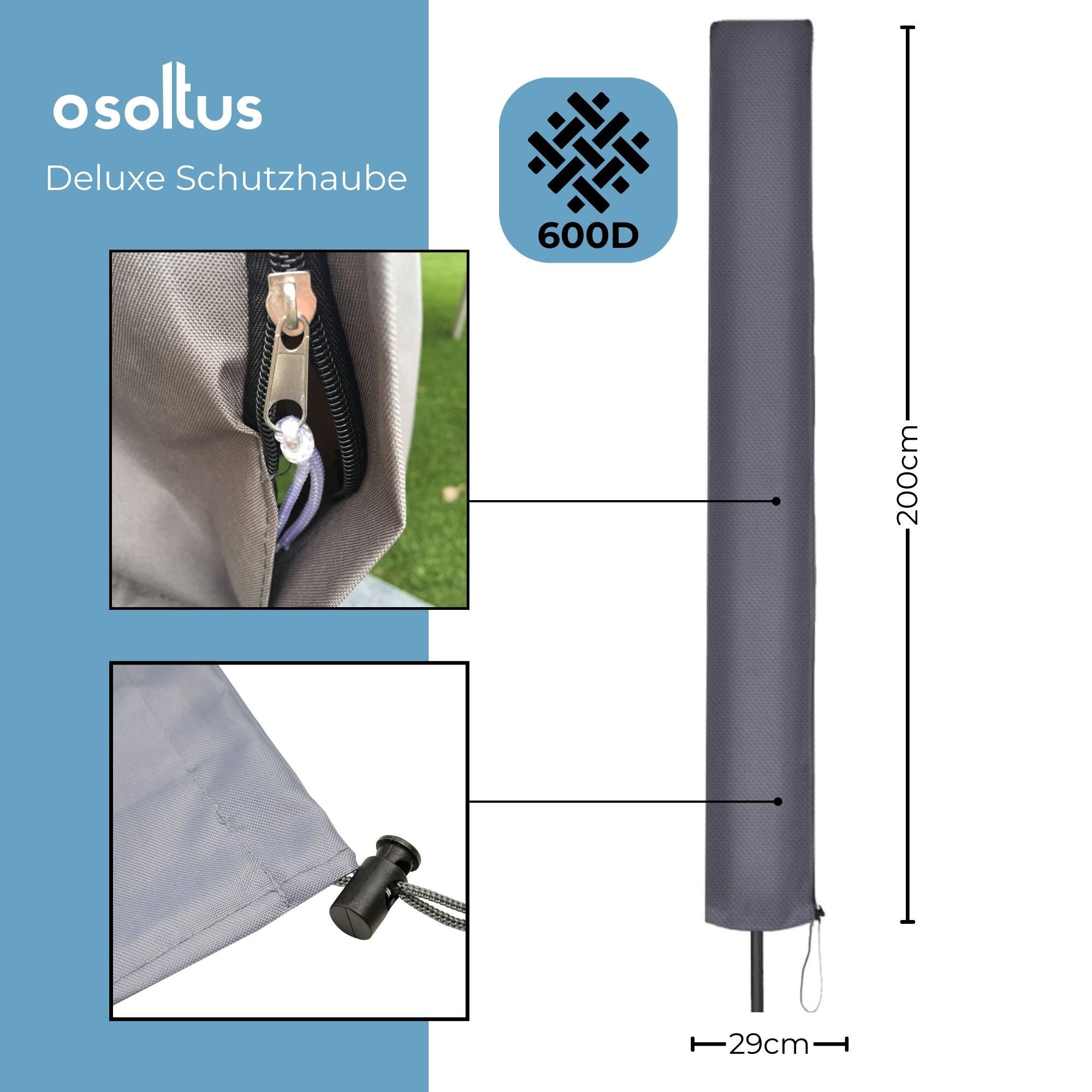 osoltus Gartenmöbel-Schutzhülle Deluxe Schutzhaube Sonnenschirm Schirmhülle 200cm Comfort 600D
