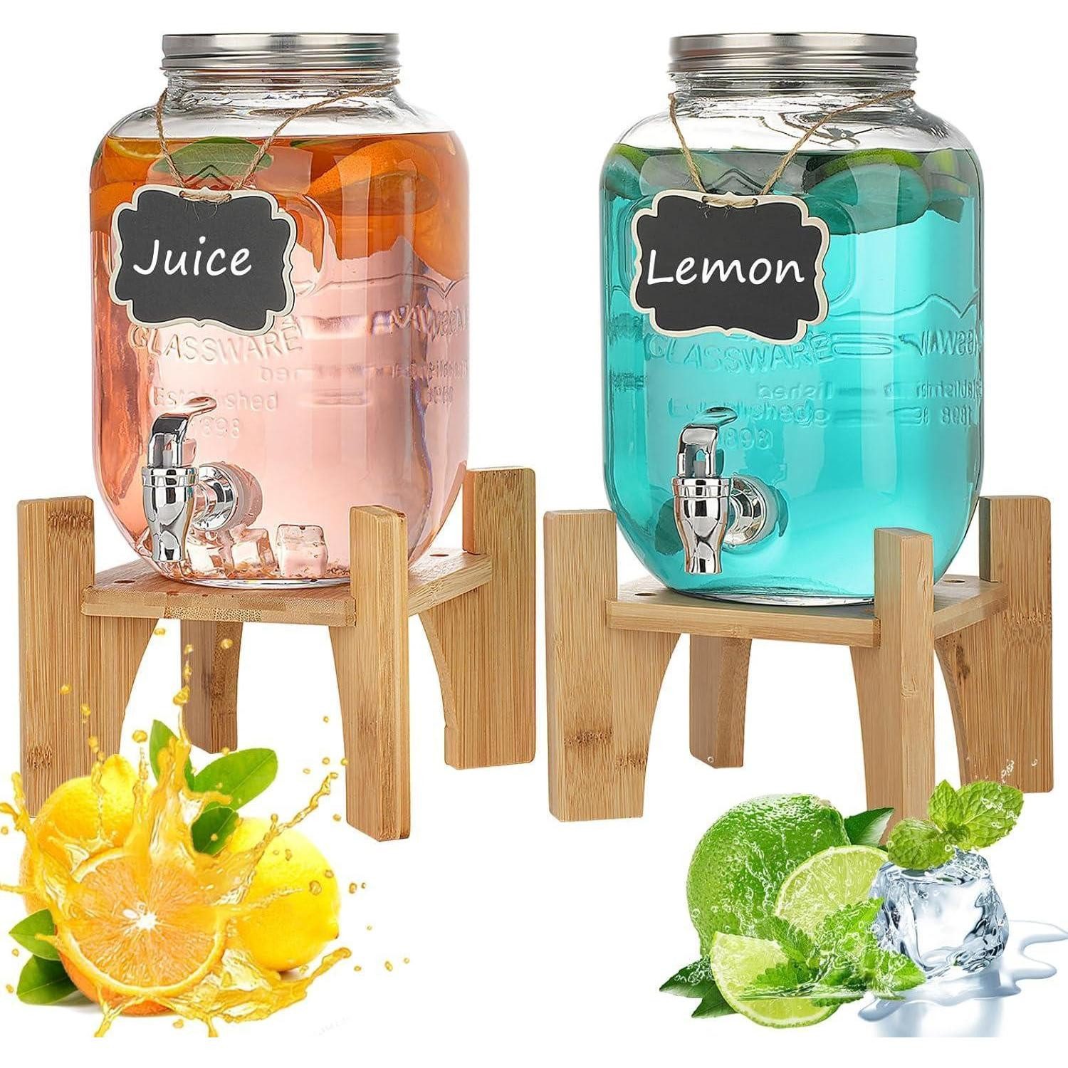 LuxusKollektion Wasserkrug 2Pcs 4L Glas Getränkespender mit Wasserhahn und Bambusständer
