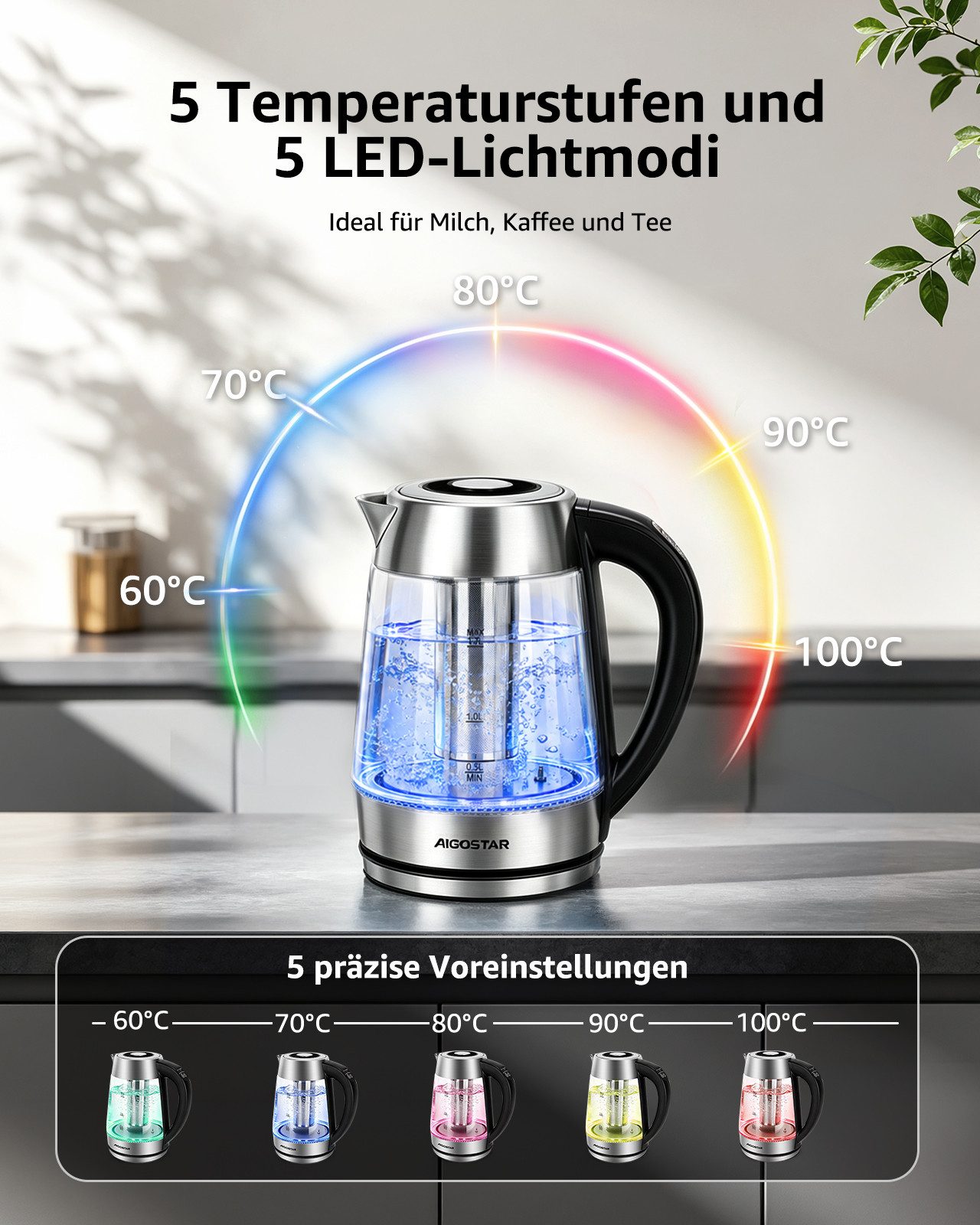 Aigostar Wasserkocher 5 präzise Temperatureinstellungen, Keramikbeschichtung, Kalkfrei, 1.7 l, 2200 W, Keramikbeschichtung, Schnelles Kochen, Warmhaltefunktion, – Bild 3 von 5