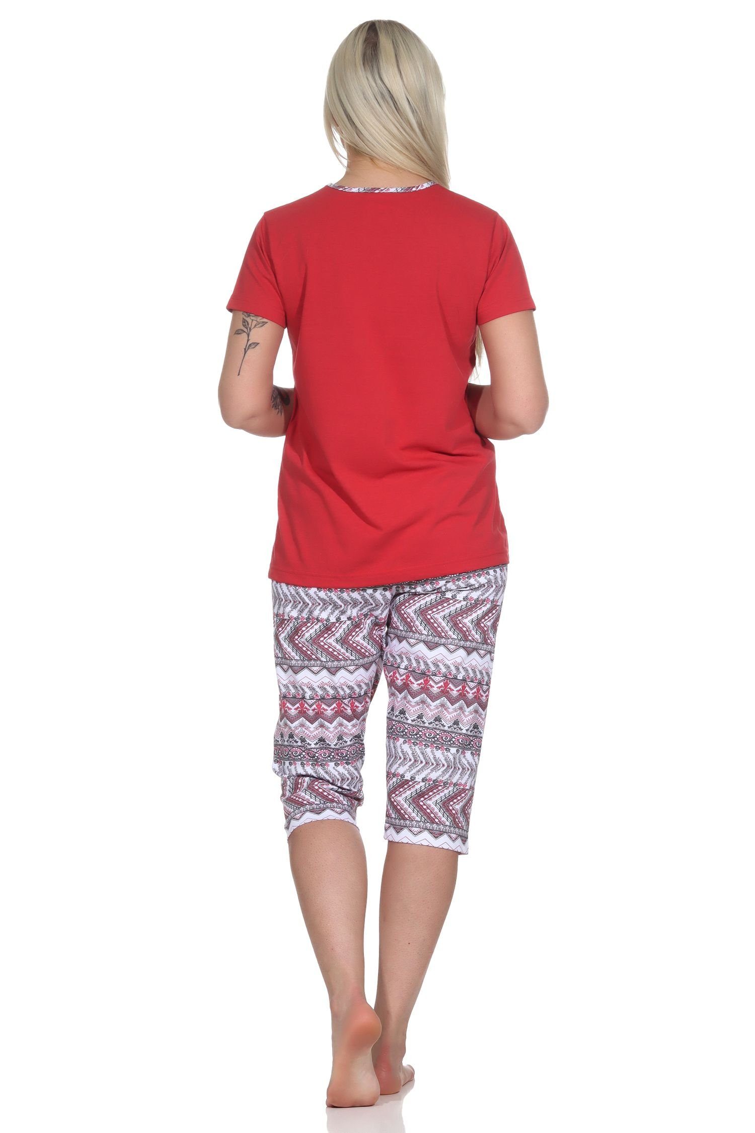 Normann Pyjama Damen Ethnolook rot mit im kurzarm Caprihose Schlafanzug