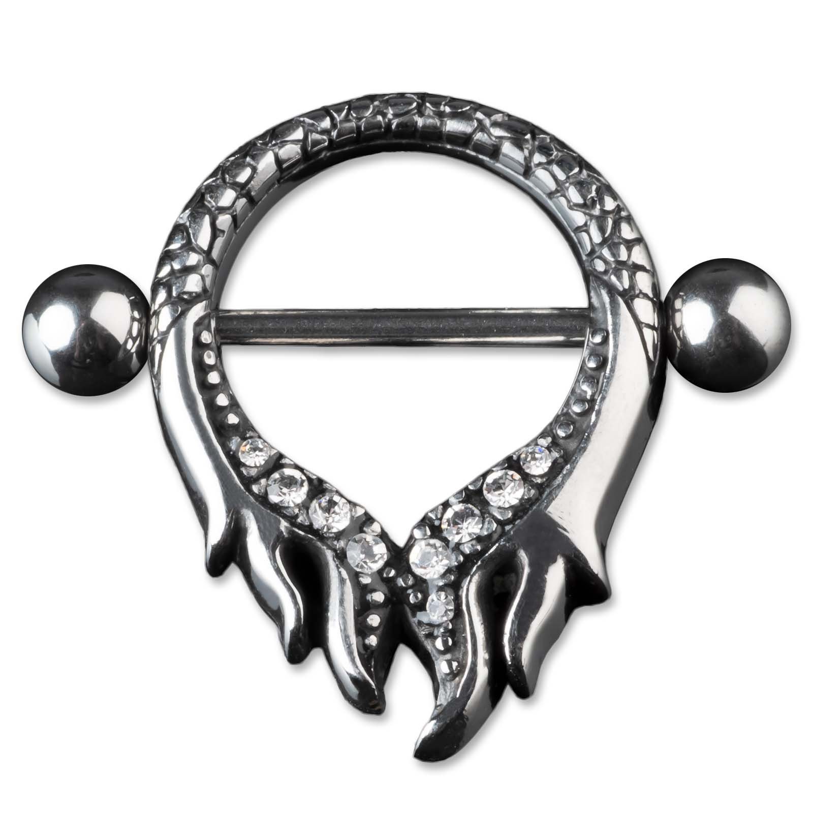 Zirkonia Brustwarzenpiercing Chirurgenstahl geschwärzt mit L 316 Flammen Brustpiercing Kristall teilweise viva-adorno Barbell Nippel Nippelpiercing, Schild