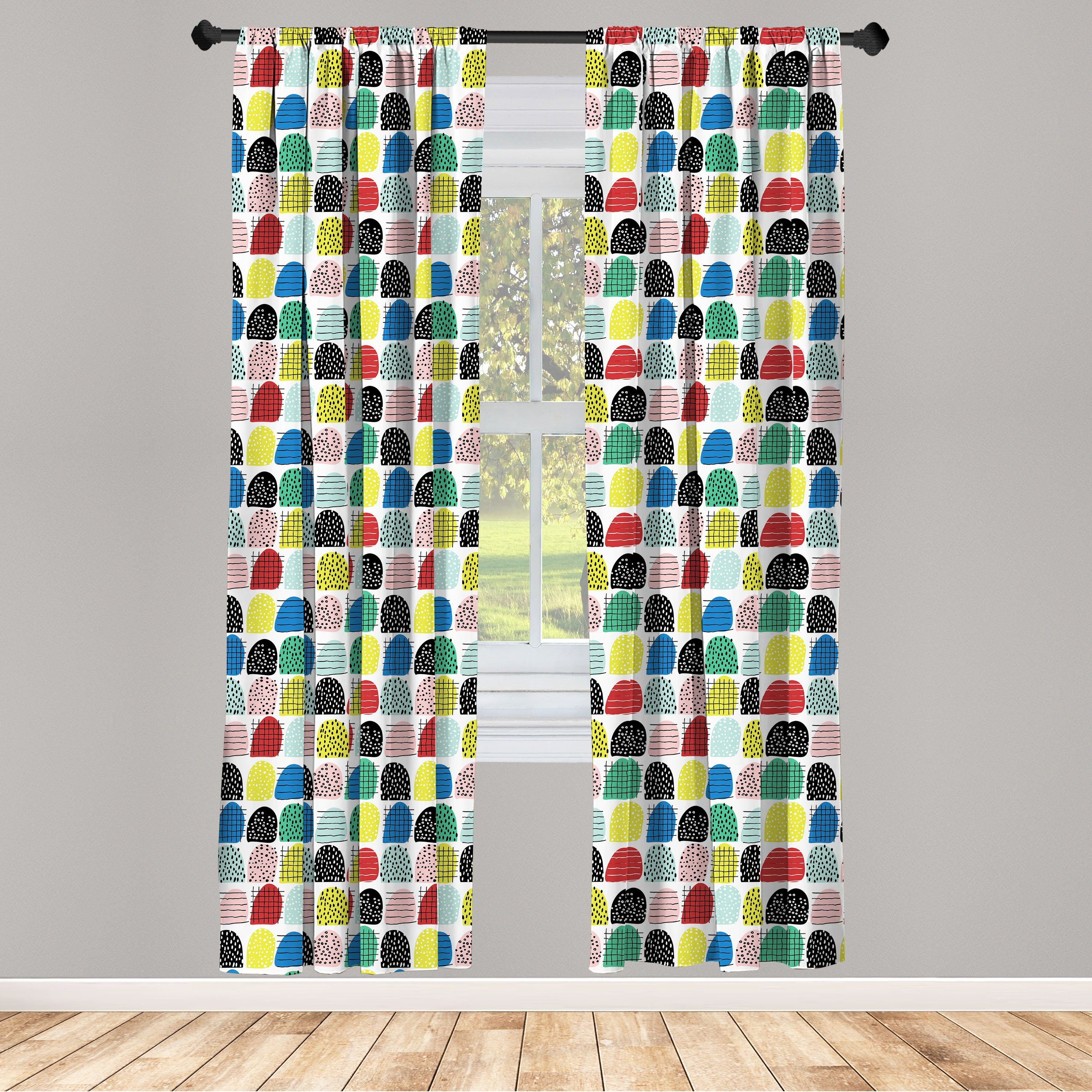 Gardine Vorhang für Wohnzimmer Schlafzimmer Dekor, Abakuhaus, Microfaser, Bunt Handgezeichnete Formen Zusammenfassung | Fertiggardinen