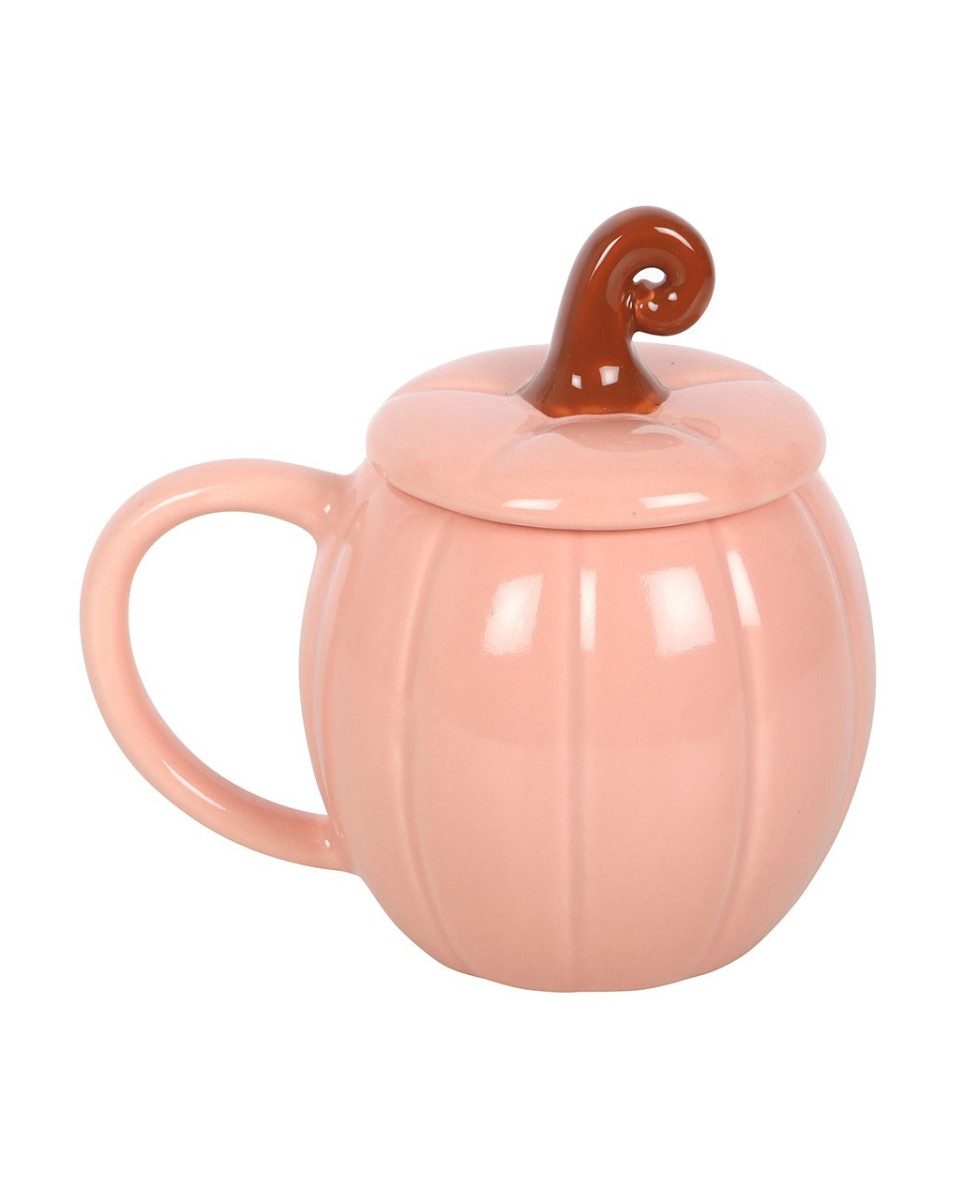 Horror-Shop Dekoobjekt Rosa Kürbis Tasse mit Deckel 14,5cm – Halloween Ke